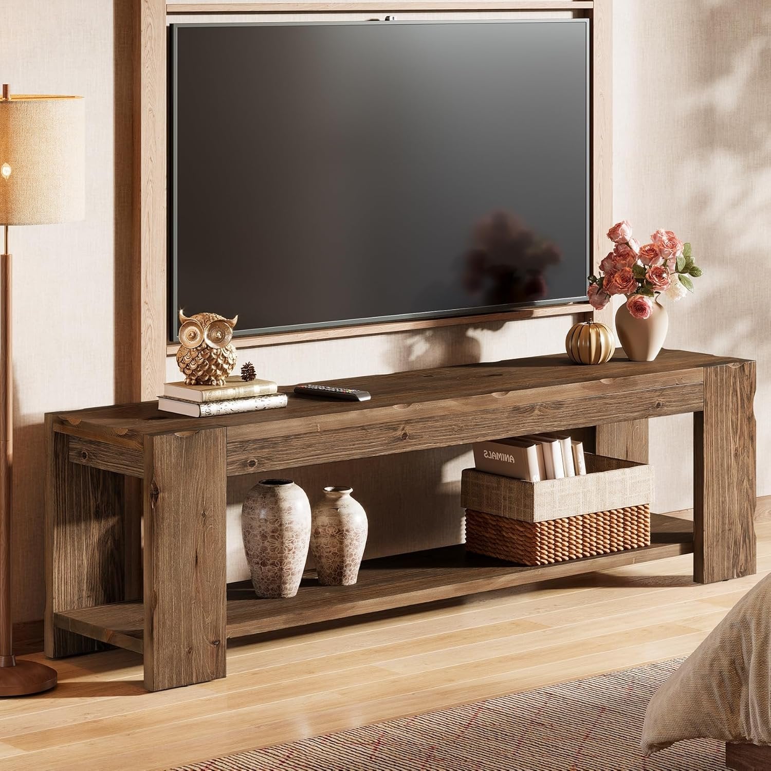 55" Solid Wood TV Stand, 2-Tier TV Console Media Stand for TVs up to 60"