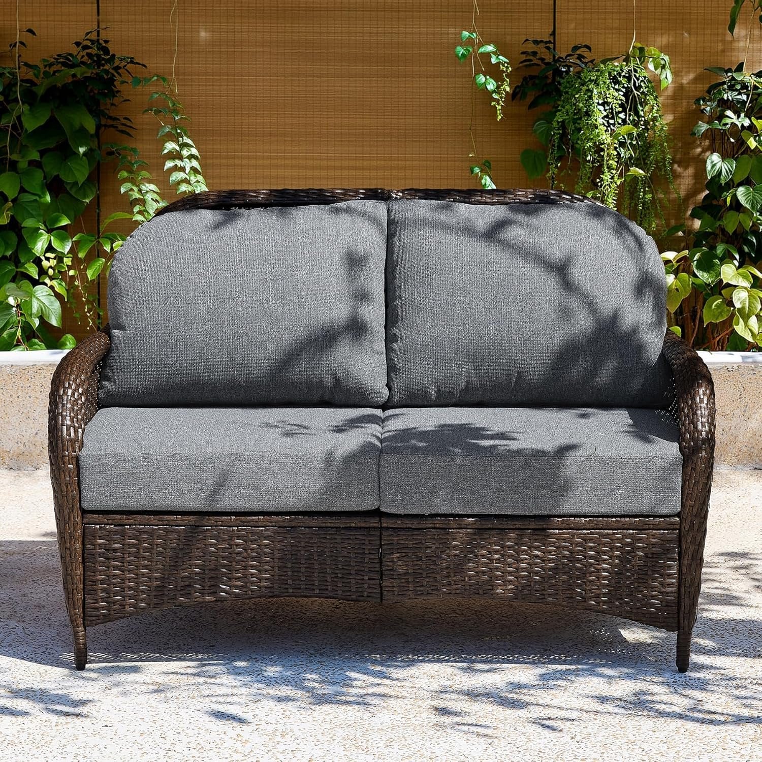 Outdoor Wicker Loveseat, 2-Seater Patio Sofa PE Rattan Outdoor Furniture for Porch
