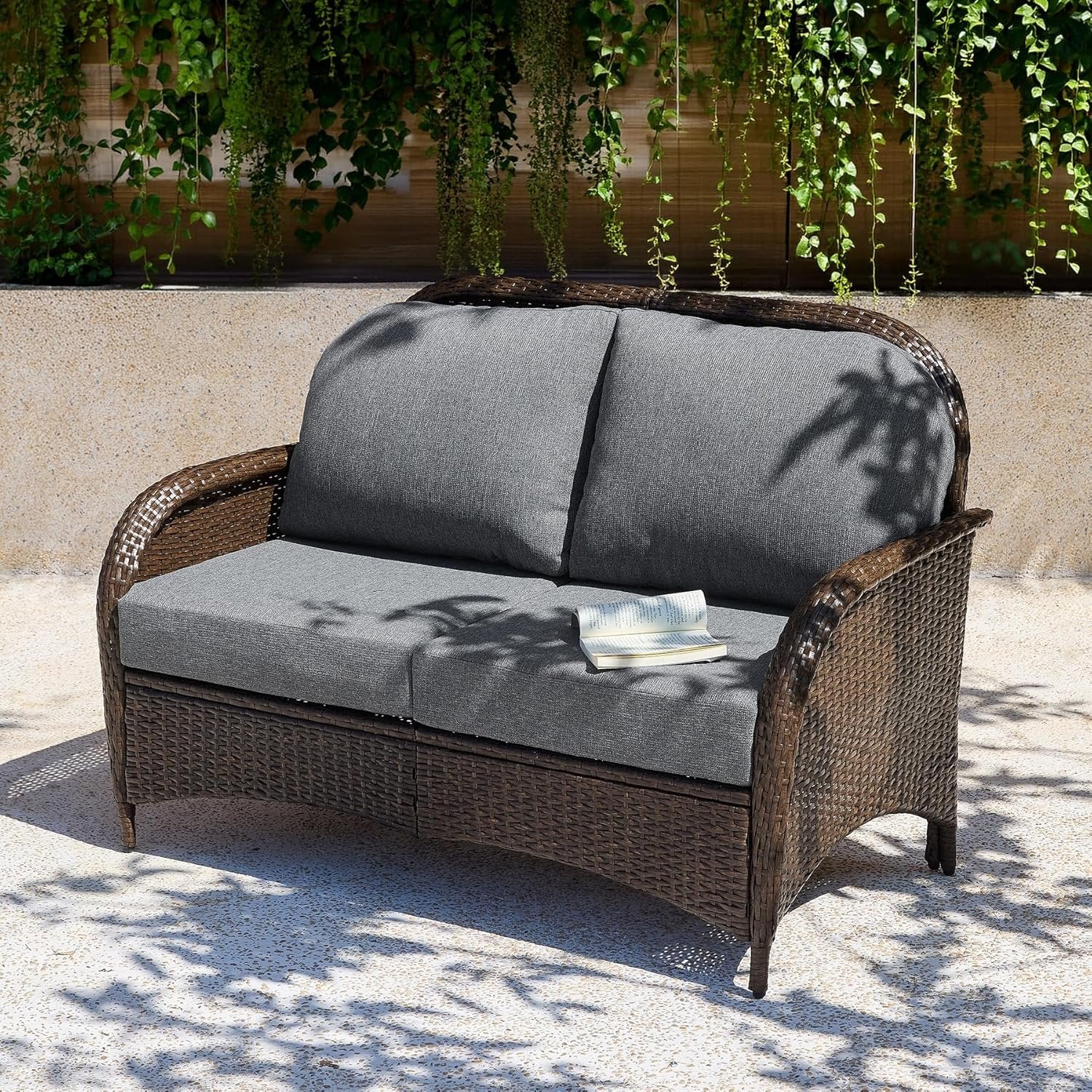 Outdoor Wicker Loveseat, 2-Seater Patio Sofa PE Rattan Outdoor Furniture for Porch