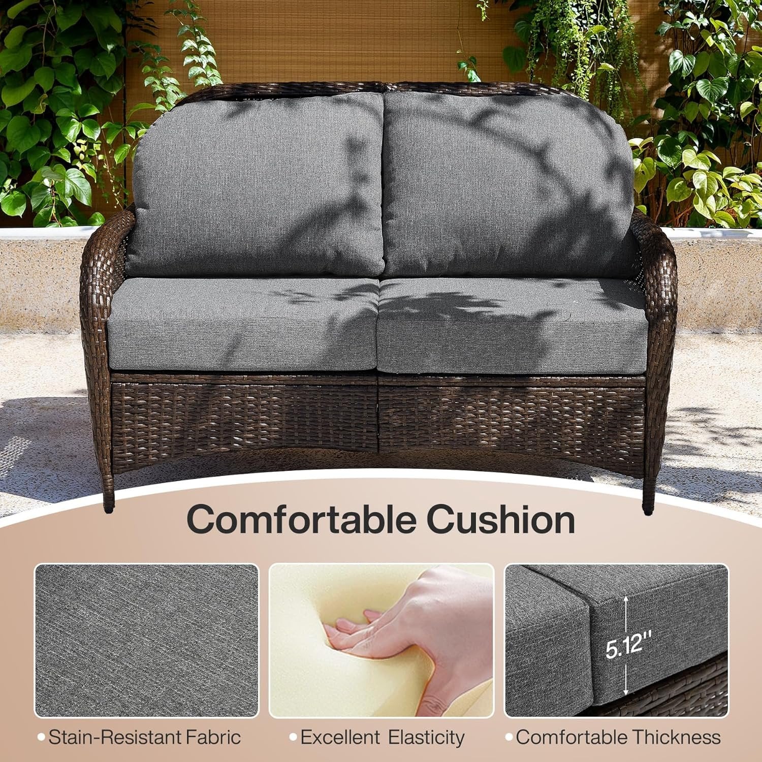 Outdoor Wicker Loveseat, 2-Seater Patio Sofa PE Rattan Outdoor Furniture for Porch