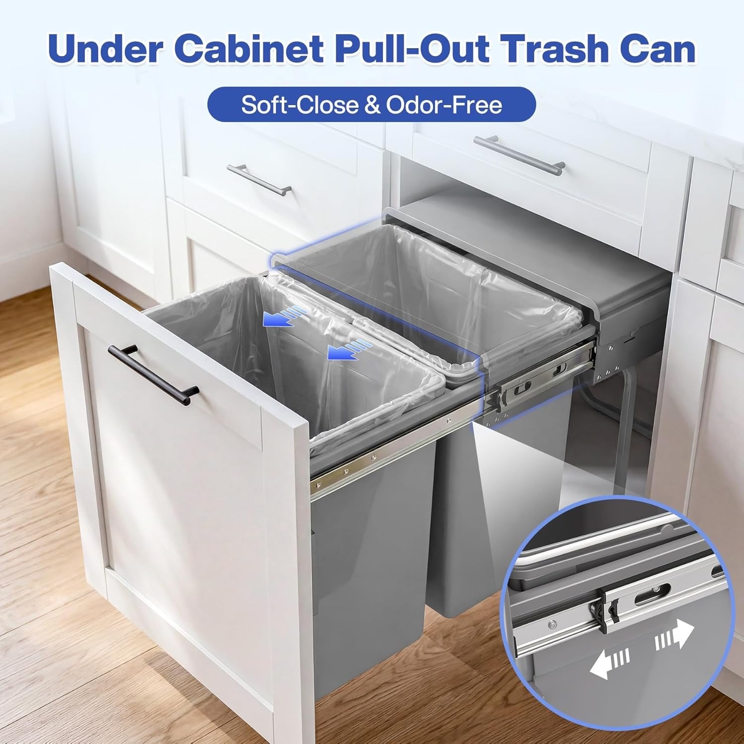 Double Pull Out Trash Can, Garbage for Under Kitchen Cabinets 44 Qt with Soft-Close Slides