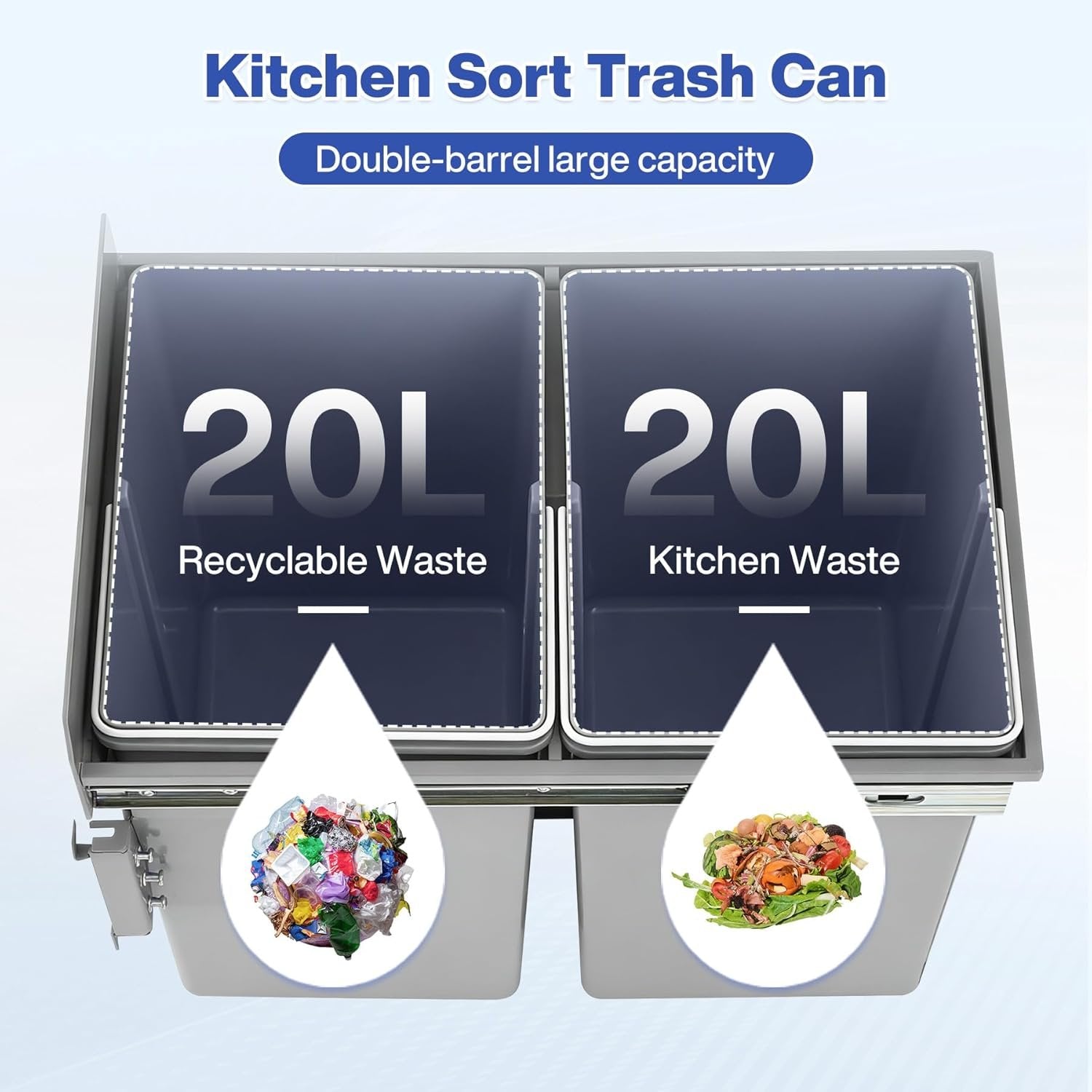 Double Pull Out Trash Can, Garbage for Under Kitchen Cabinets 44 Qt with Soft-Close Slides