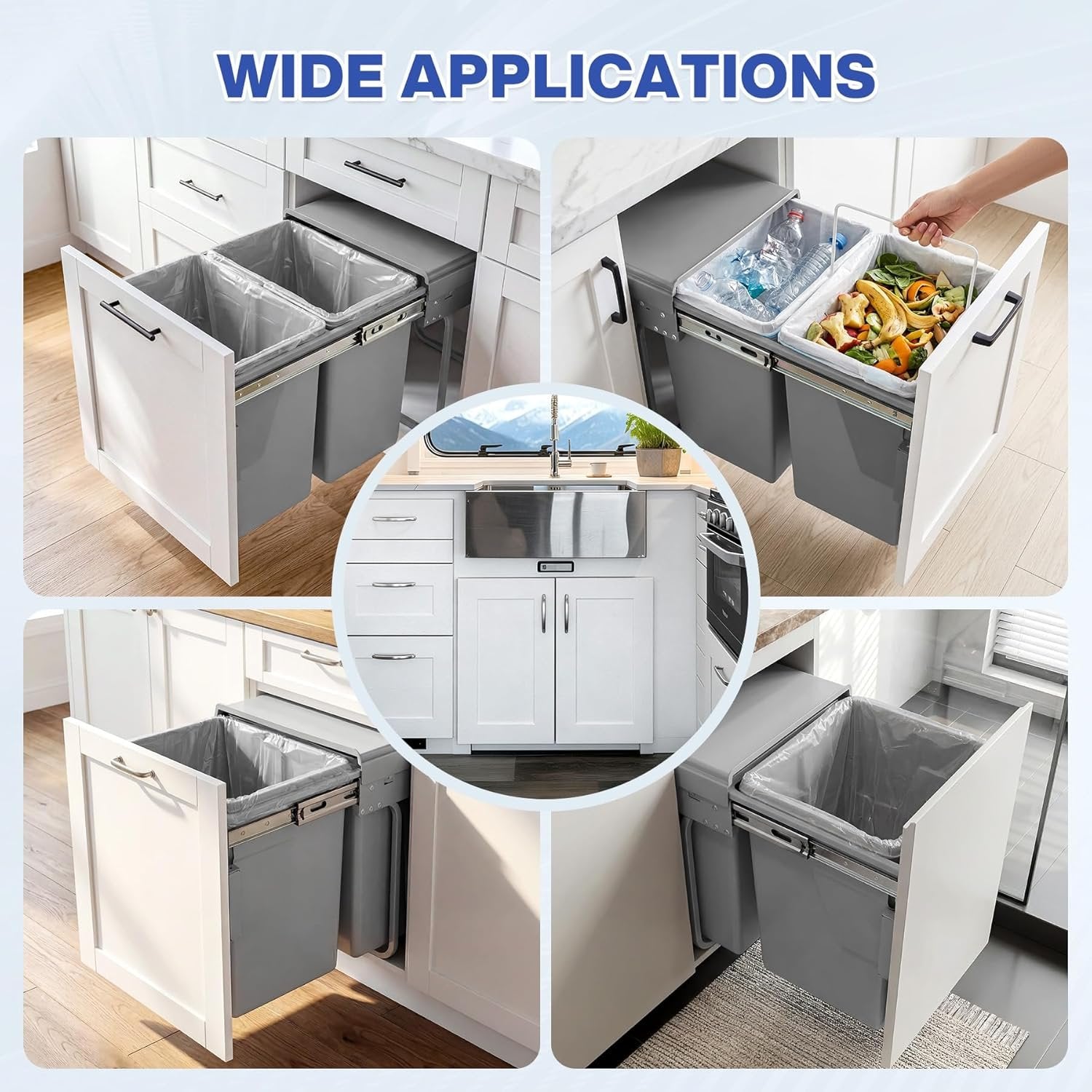 Double Pull Out Trash Can, Garbage for Under Kitchen Cabinets 44 Qt with Soft-Close Slides