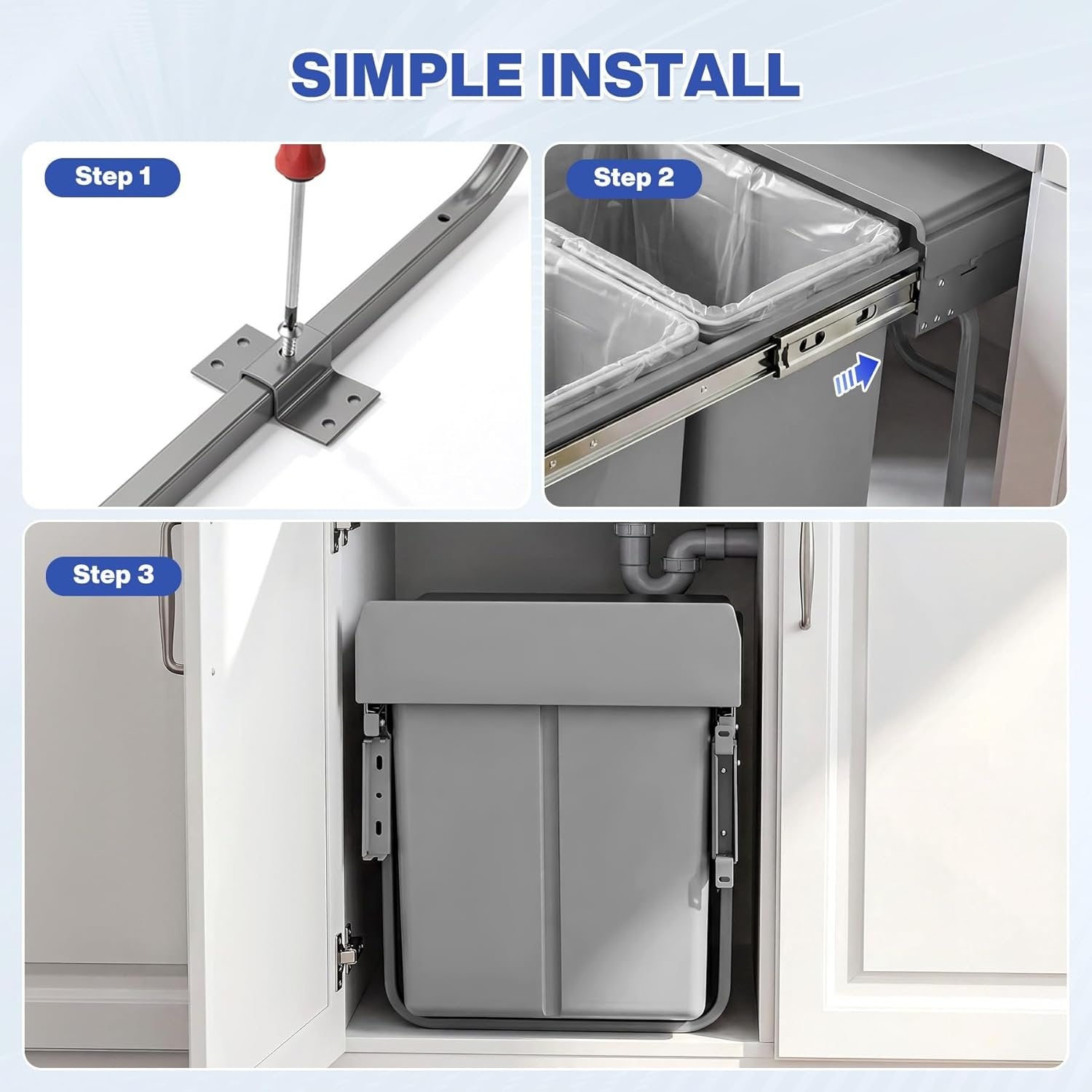 Double Pull Out Trash Can, Garbage for Under Kitchen Cabinets 44 Qt with Soft-Close Slides