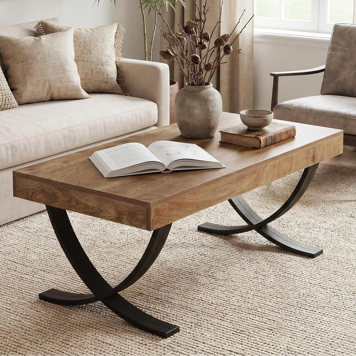 Tribesigns 47-Inch Modern Industrial Coffee Table, Rectangular Wood Center Table with Black Metal Legs, Farmhouse Living Room Table