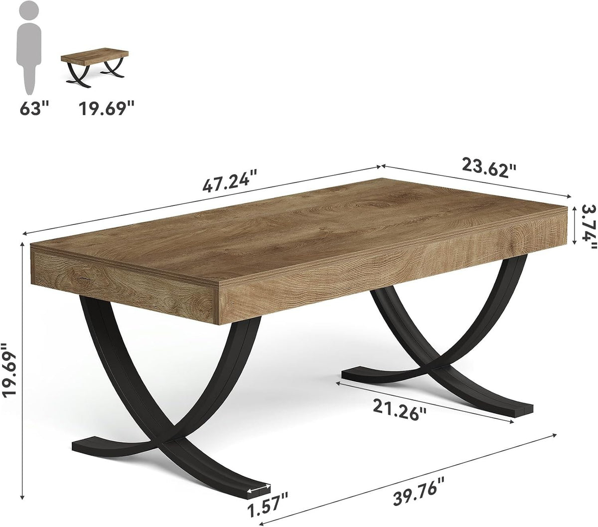 Tribesigns 47-Inch Modern Industrial Coffee Table, Rectangular Wood Center Table with Black Metal Legs, Farmhouse Living Room Table
