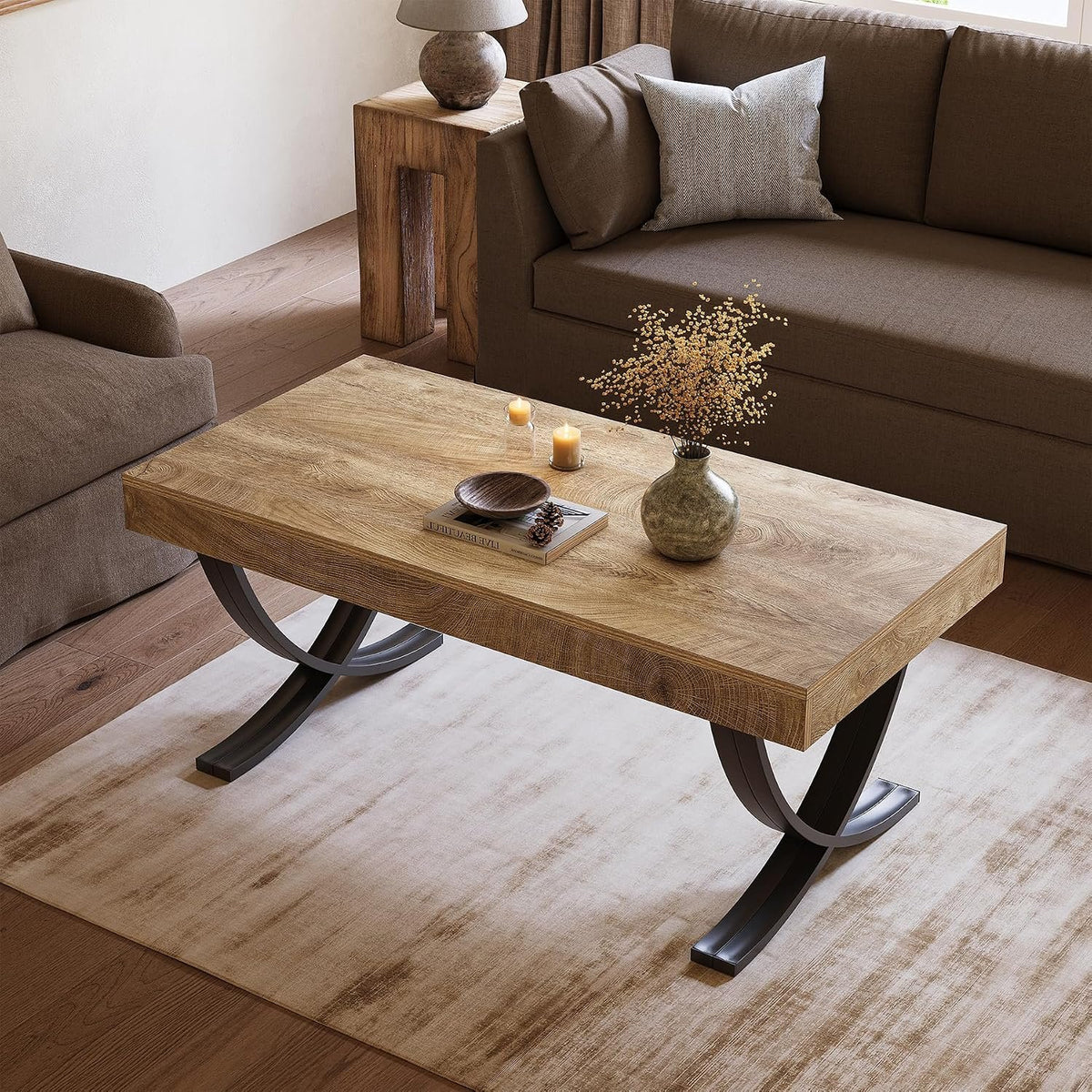 Tribesigns 47-Inch Modern Industrial Coffee Table, Rectangular Wood Center Table with Black Metal Legs, Farmhouse Living Room Table