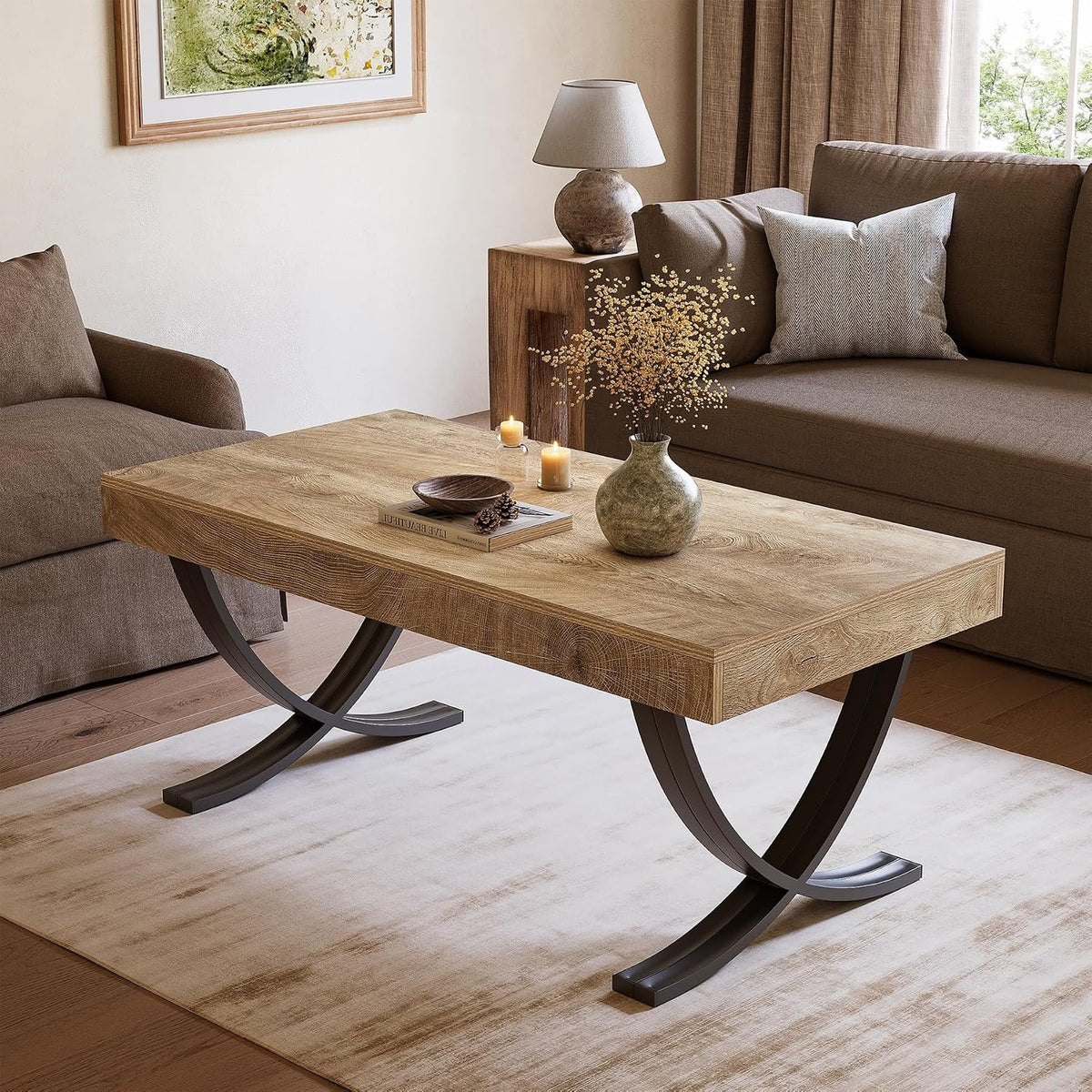 Tribesigns 47-Inch Modern Industrial Coffee Table, Rectangular Wood Center Table with Black Metal Legs, Farmhouse Living Room Table