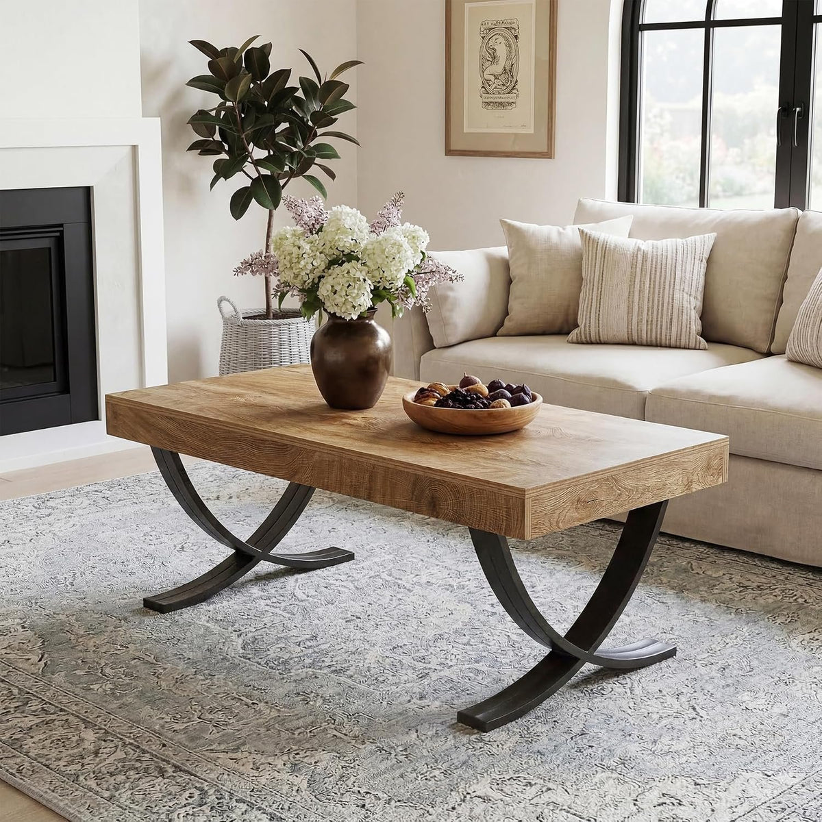 Tribesigns 47-Inch Modern Industrial Coffee Table, Rectangular Wood Center Table with Black Metal Legs, Farmhouse Living Room Table