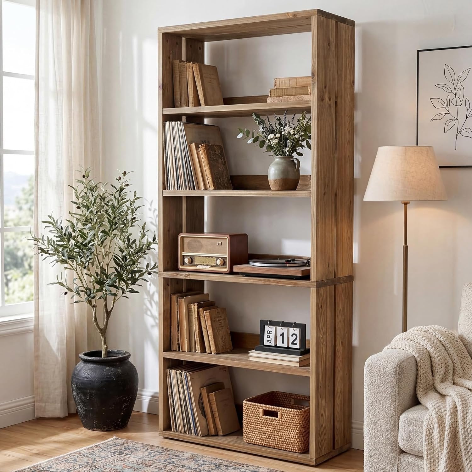 70.8" Tall Bookcase,5-Tier Solid Wood Bookshelf Display Rack for Living Room