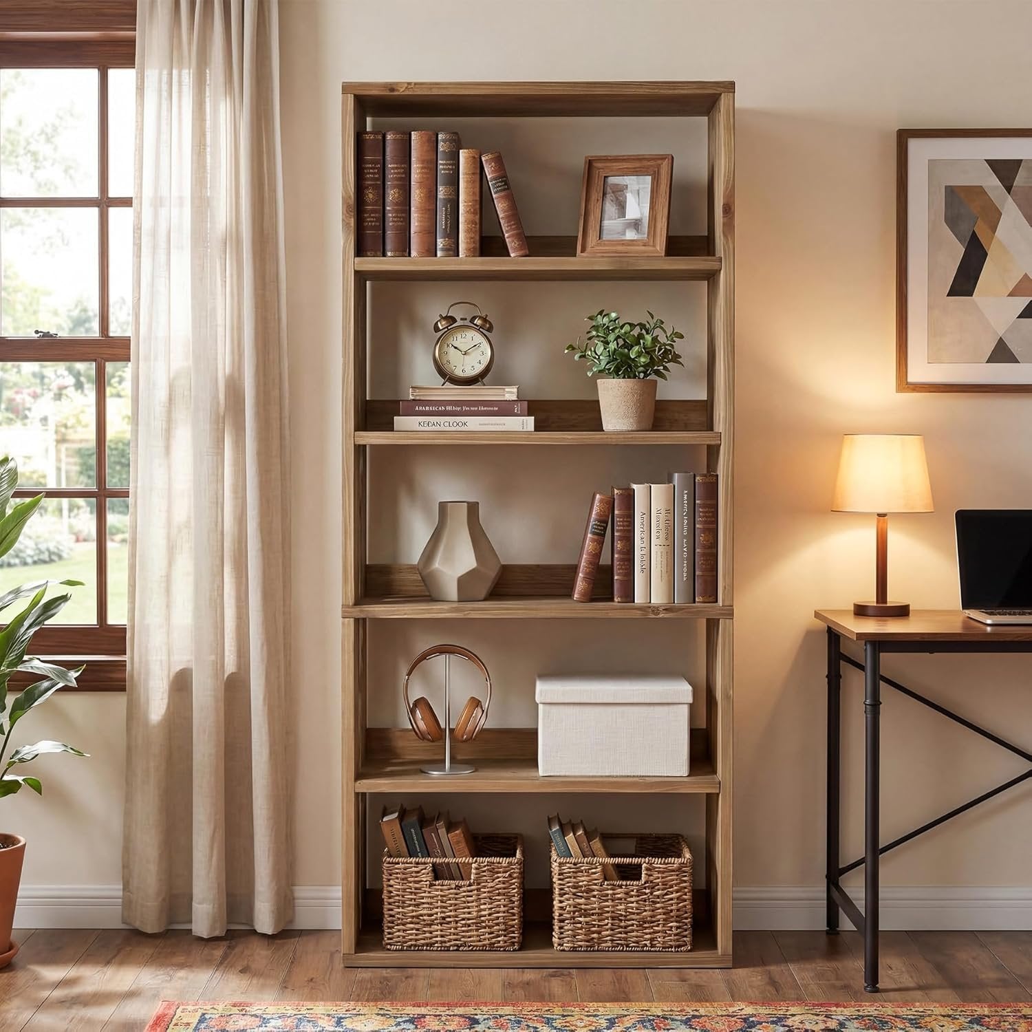 70.8" Tall Bookcase,5-Tier Solid Wood Bookshelf Display Rack for Living Room