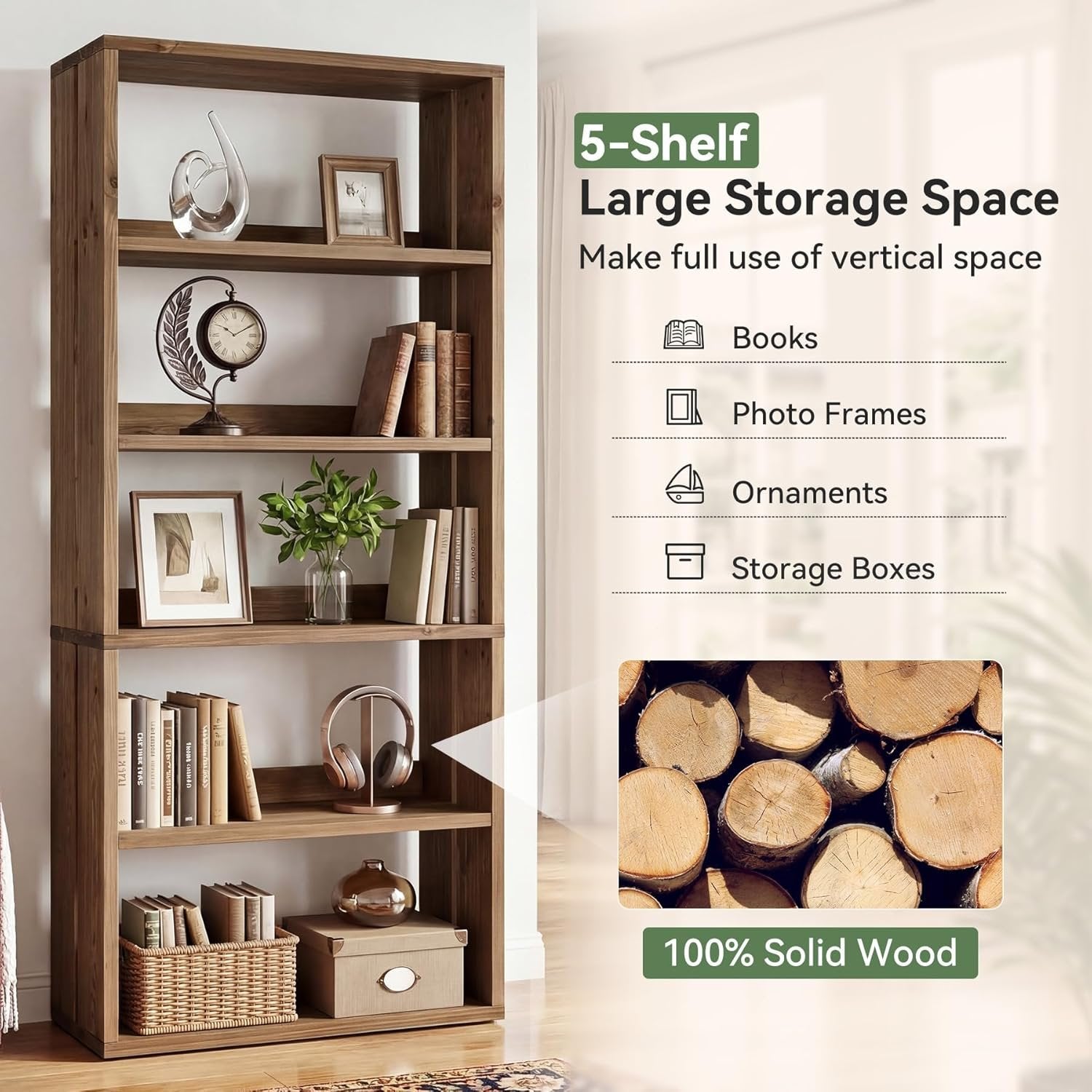 70.8" Tall Bookcase,5-Tier Solid Wood Bookshelf Display Rack for Living Room