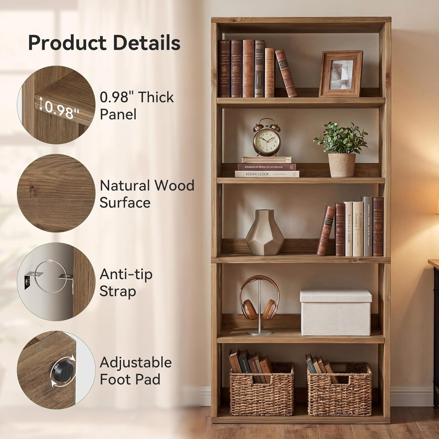 70.8" Tall Bookcase,5-Tier Solid Wood Bookshelf Display Rack for Living Room