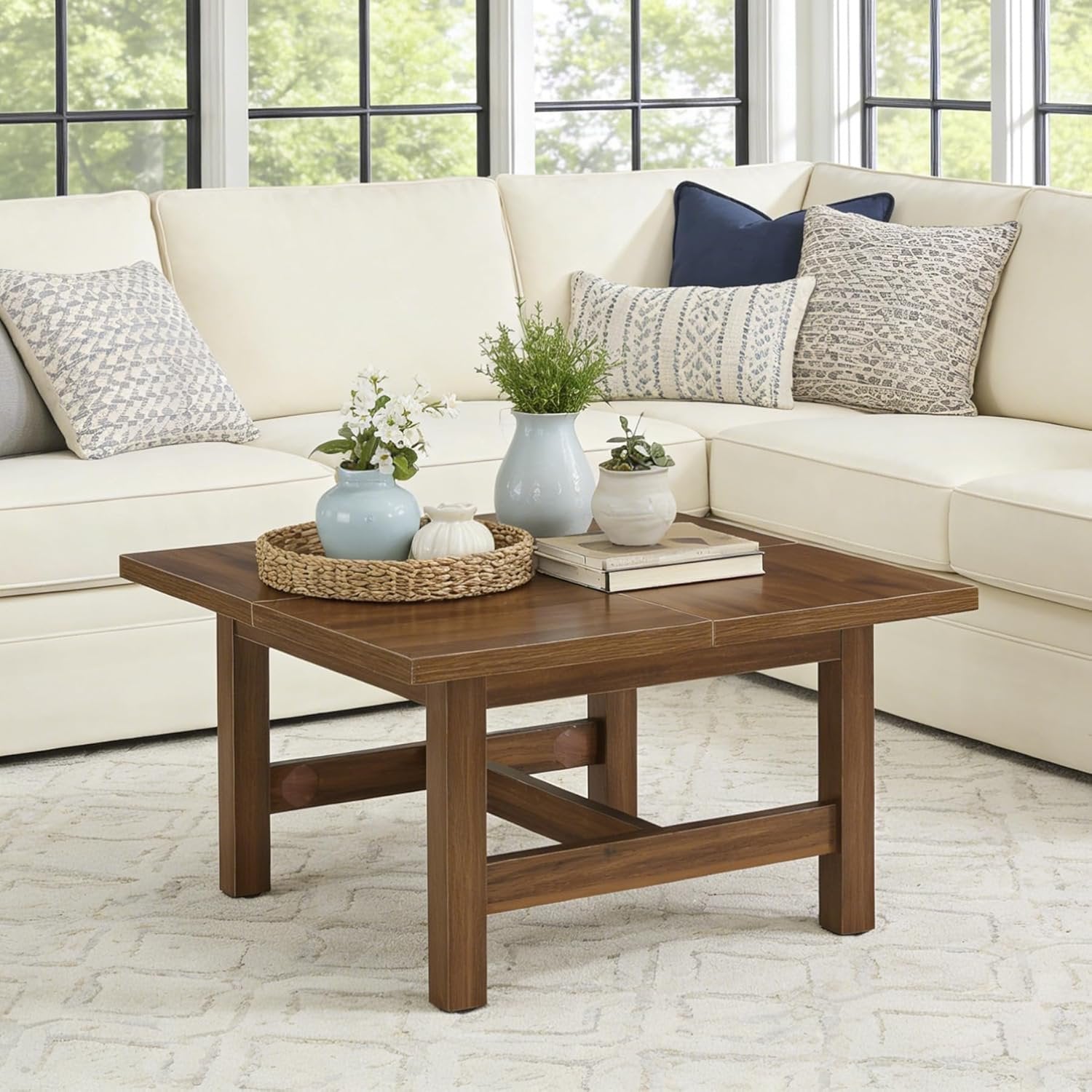 31" Square Coffee Table, Wooden Farmhouse Center Table with Sturdy Legs