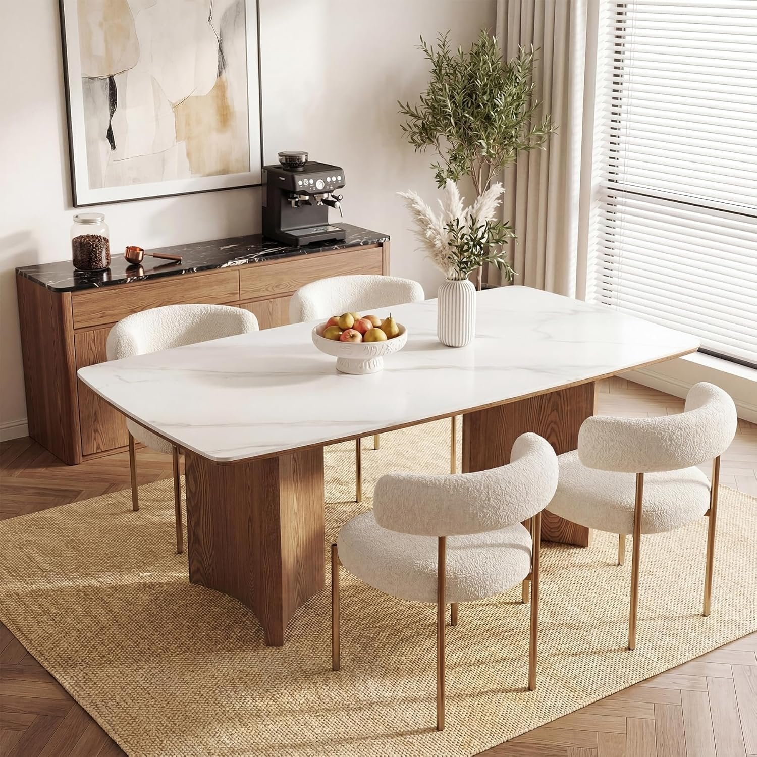63" Sintered Stone Dining Table, Rectangular Kitchen Table with Solid Wood Dual-Pedestal for 6(Only Table)