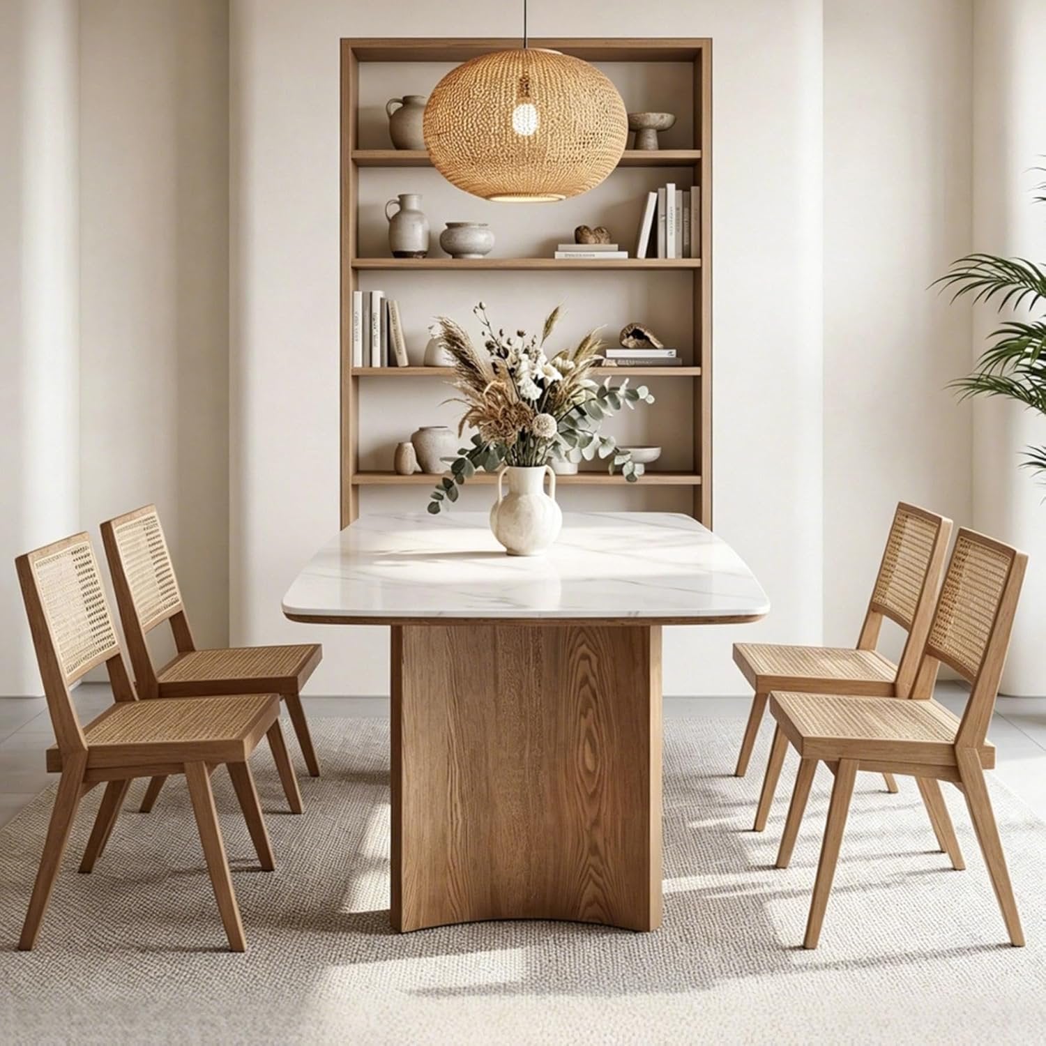 63" Sintered Stone Dining Table, Rectangular Kitchen Table with Solid Wood Dual-Pedestal for 6(Only Table)