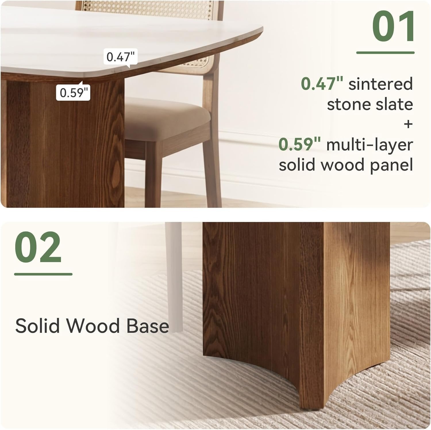 63" Sintered Stone Dining Table, Rectangular Kitchen Table with Solid Wood Dual-Pedestal for 6(Only Table)