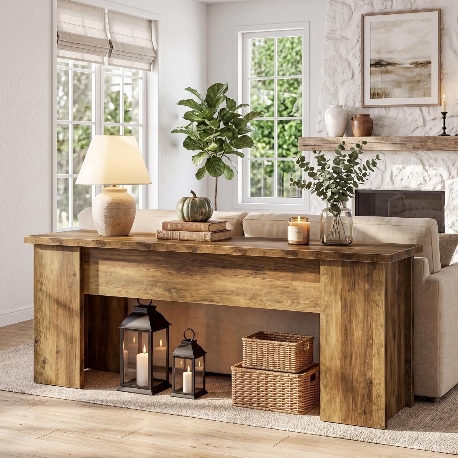 63" Low Console Table, Farmhouse Wooden Entryway Table Sofa Table for Living Room