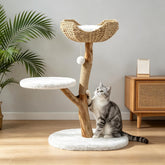 35" Tall Solid Wood Cat Tree, Boho Cat Tower with Cat Ear Wicker Basket Bed with Real Branch Design 3
