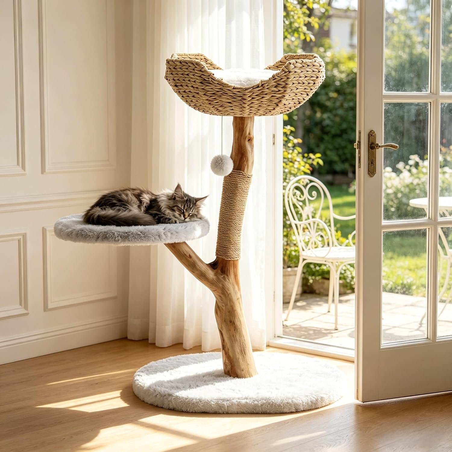 35" Tall Solid Wood Cat Tree, Boho Cat Tower with Cat Ear Wicker Basket Bed with Real Branch Design