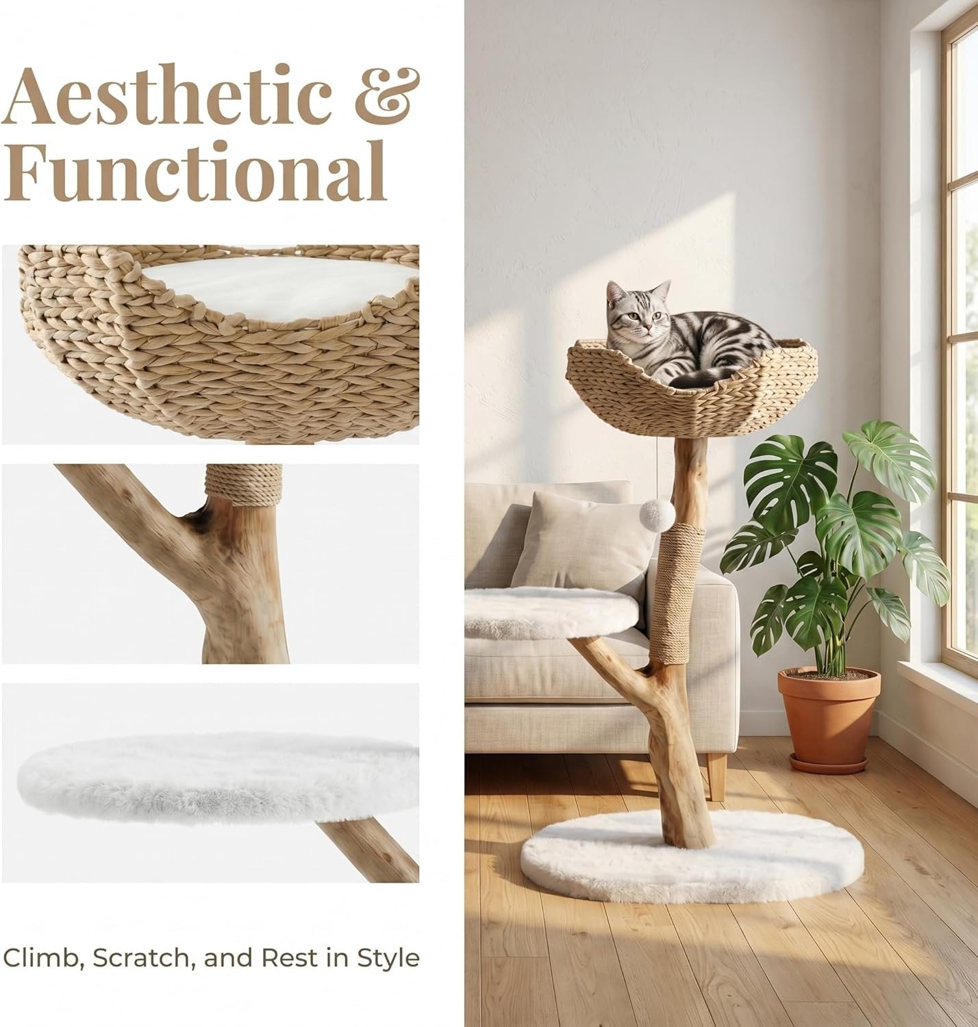 35" Tall Solid Wood Cat Tree, Boho Cat Tower with Cat Ear Wicker Basket Bed with Real Branch Design