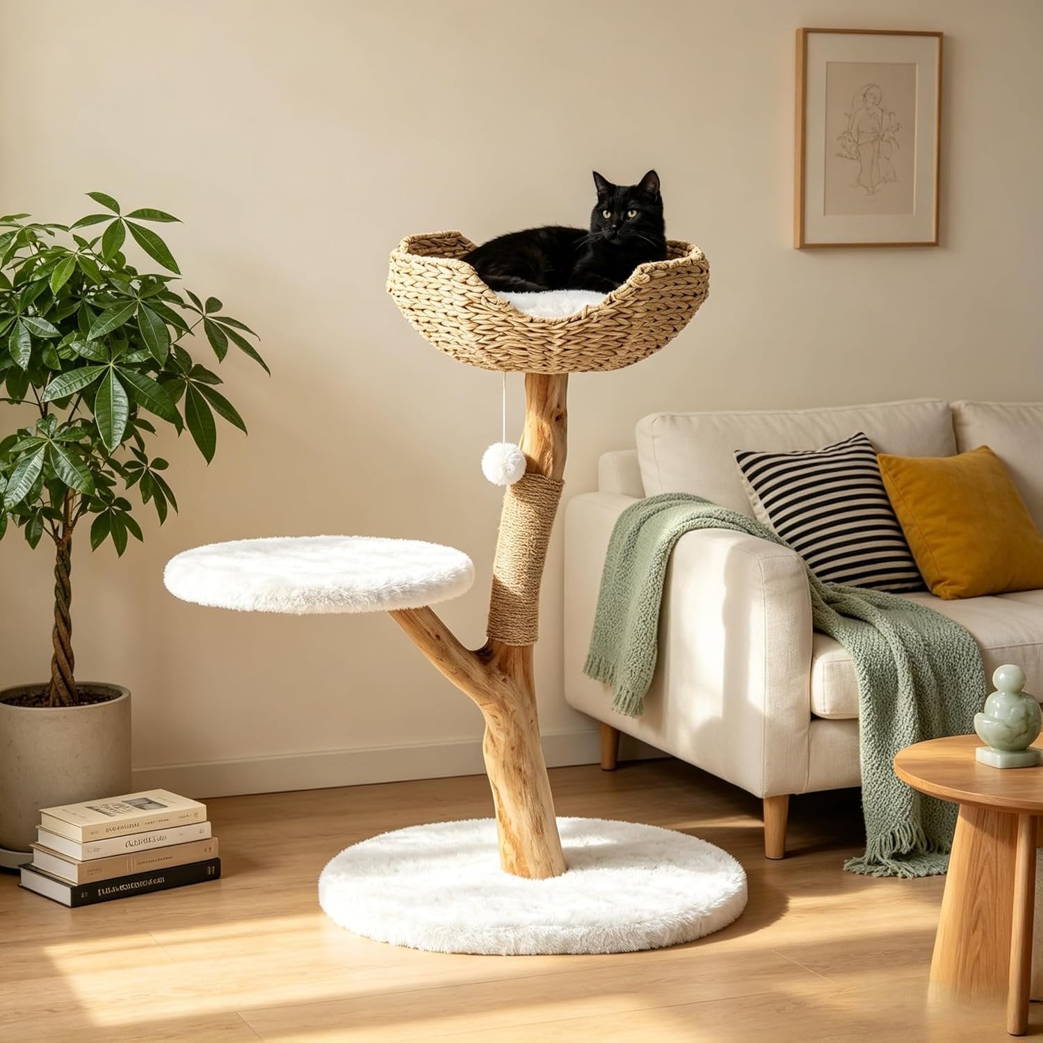 35" Tall Solid Wood Cat Tree, Boho Cat Tower with Cat Ear Wicker Basket Bed with Real Branch Design