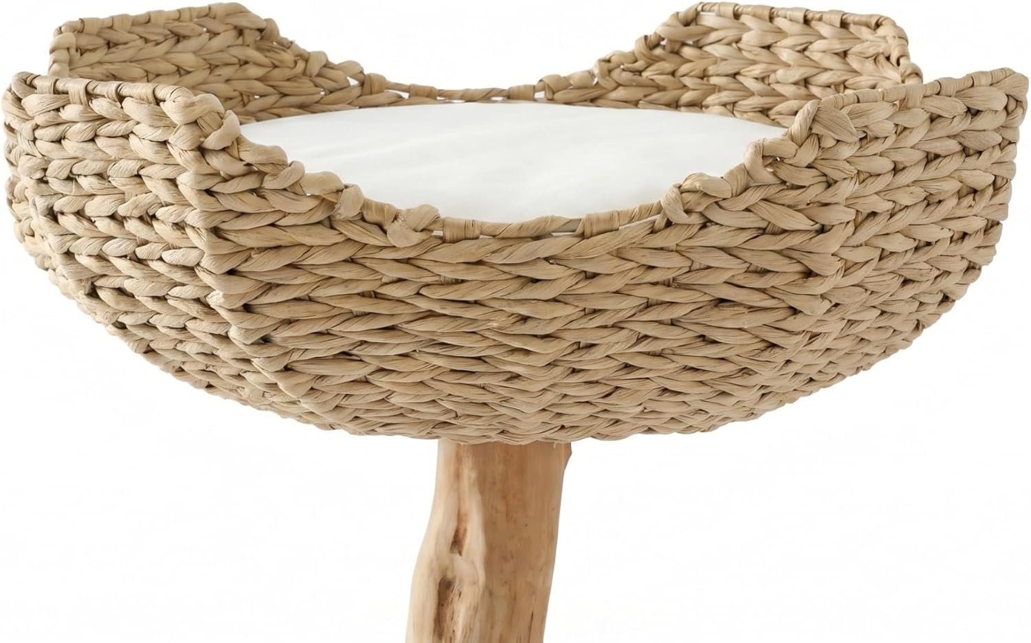 35" Tall Solid Wood Cat Tree, Boho Cat Tower with Cat Ear Wicker Basket Bed with Real Branch Design