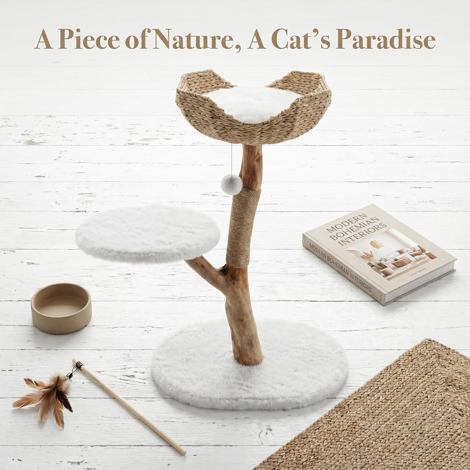 35" Tall Solid Wood Cat Tree, Boho Cat Tower with Cat Ear Wicker Basket Bed with Real Branch Design
