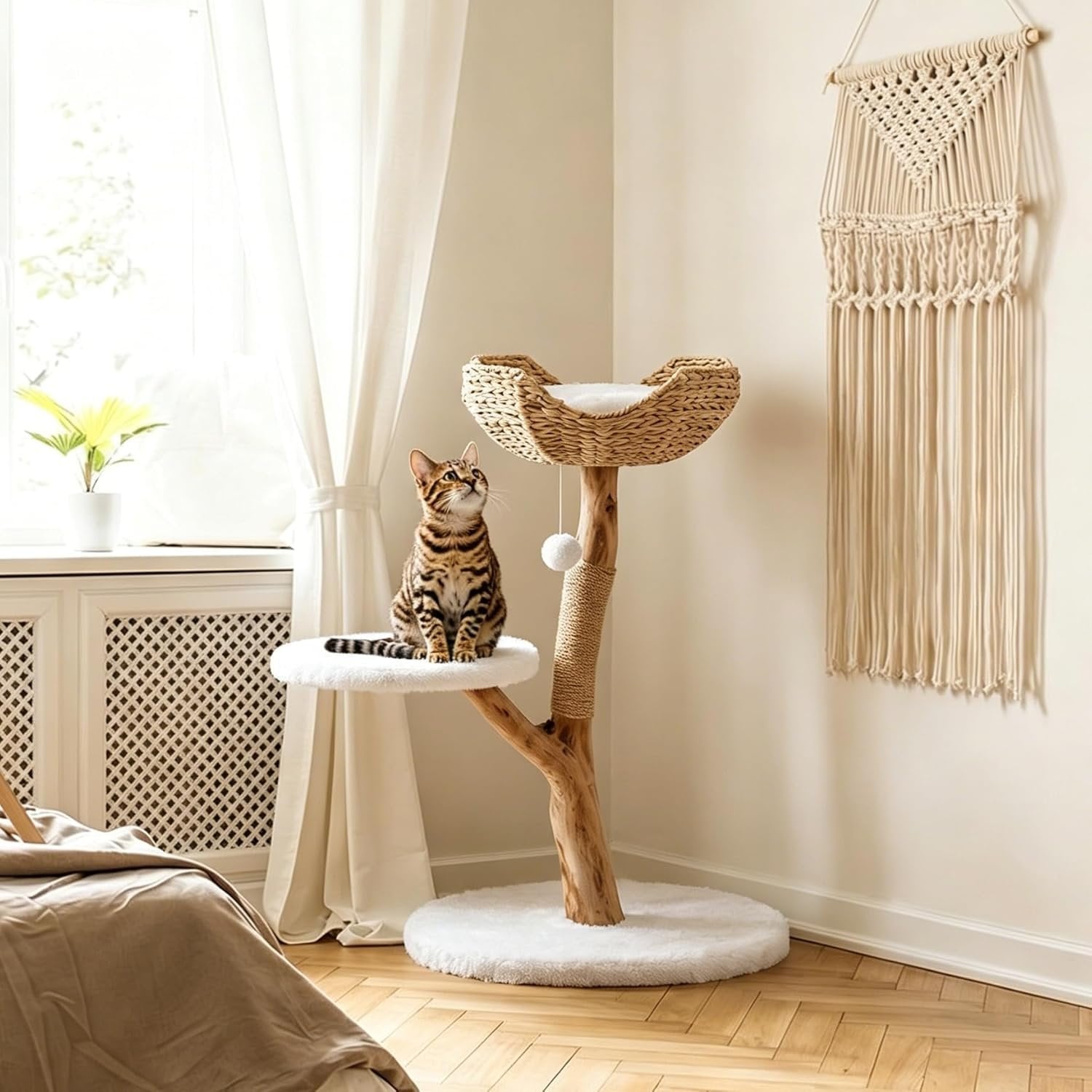 35" Tall Solid Wood Cat Tree, Boho Cat Tower with Cat Ear Wicker Basket Bed with Real Branch Design