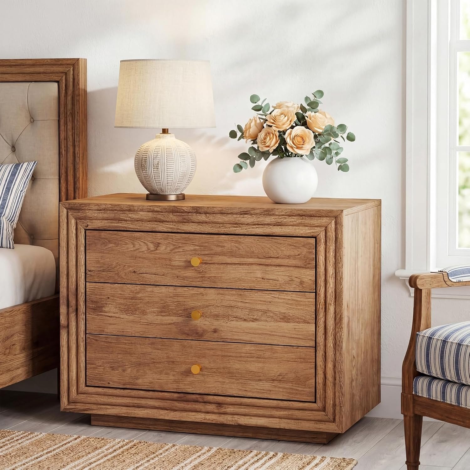 31.5" Oversized Nightstand, Farmhouse Bedside Table with 3 Drawers