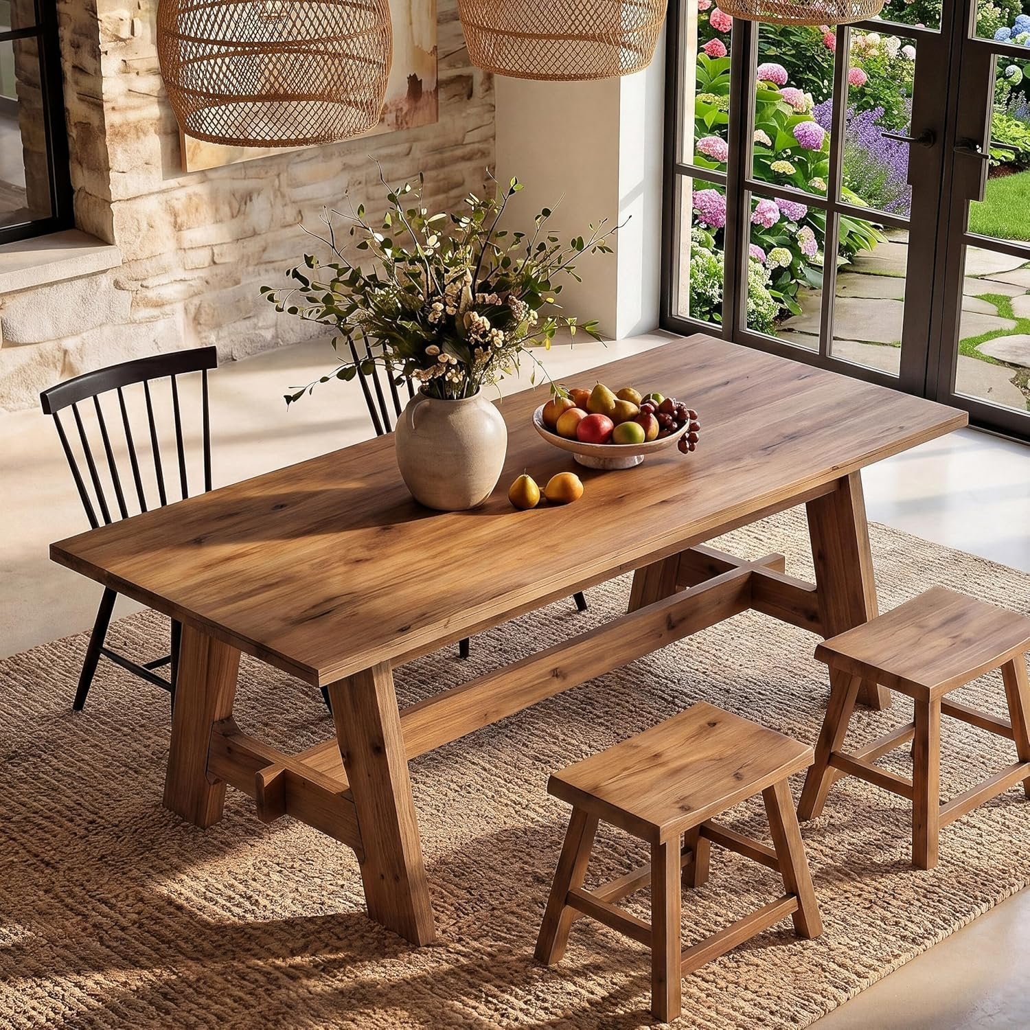 63" Farmhouse Dining Table , Natural Wood Rectangle Kitchen Table with Sturdy Trestle Base for 4-6