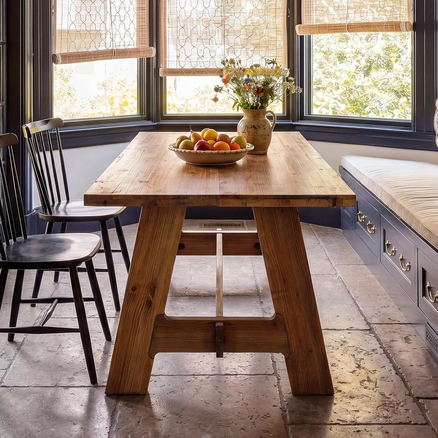 63" Farmhouse Dining Table , Natural Wood Rectangle Kitchen Table with Sturdy Trestle Base for 4-6