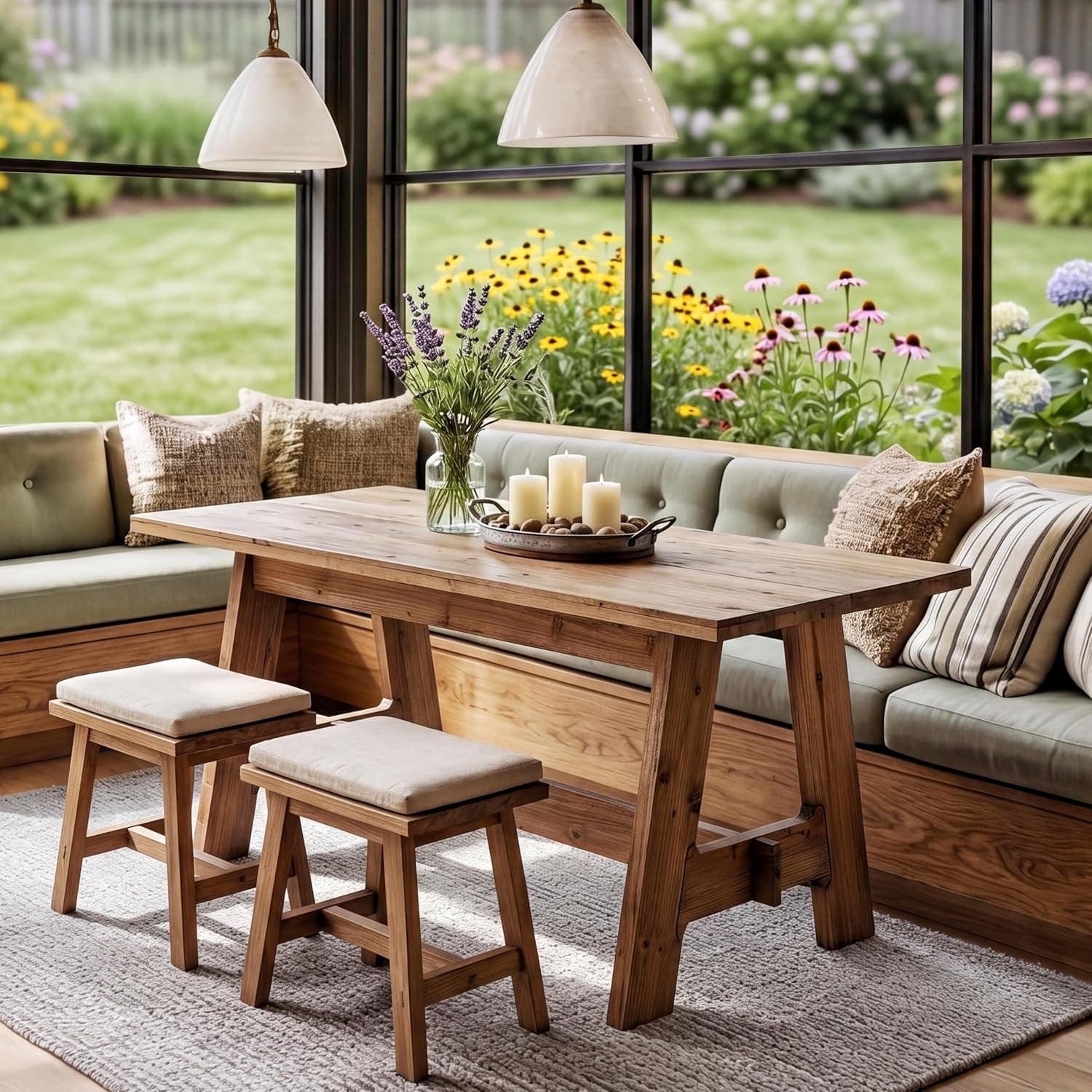 63" Farmhouse Dining Table , Natural Wood Rectangle Kitchen Table with Sturdy Trestle Base for 4-6