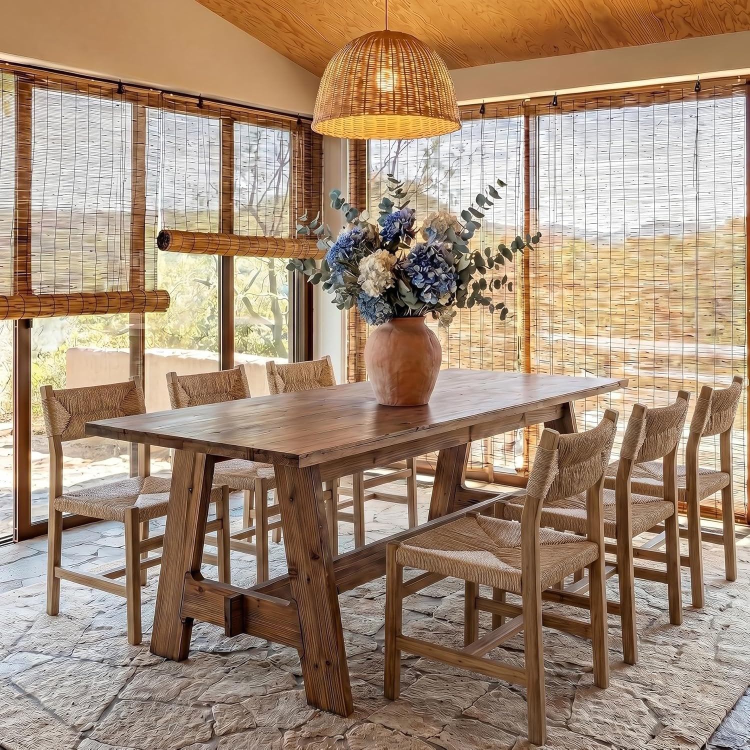 63" Farmhouse Dining Table , Natural Wood Rectangle Kitchen Table with Sturdy Trestle Base for 4-6