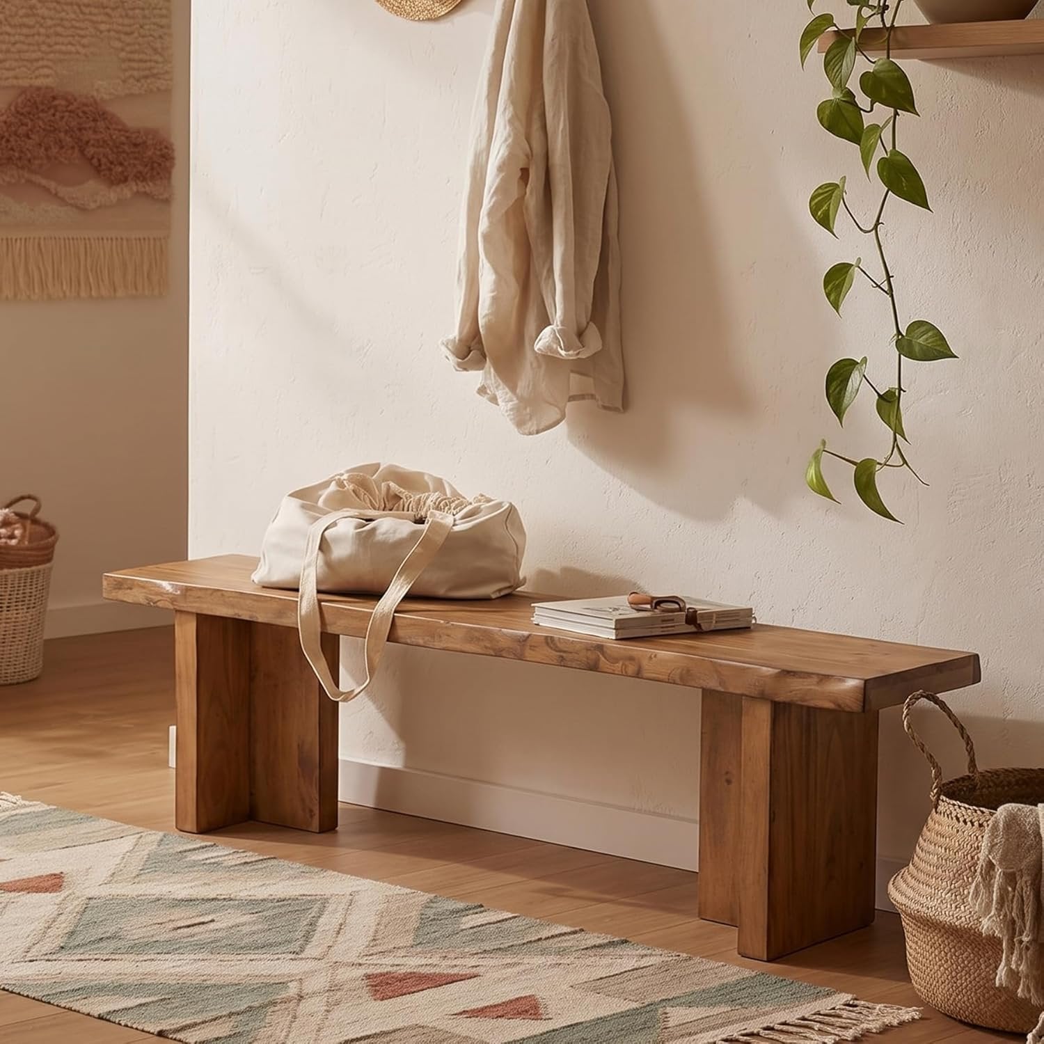 55" Farmhouse Entryway Bench, Solid Wood Shoe Bench End of Bed Bench for Bedroom