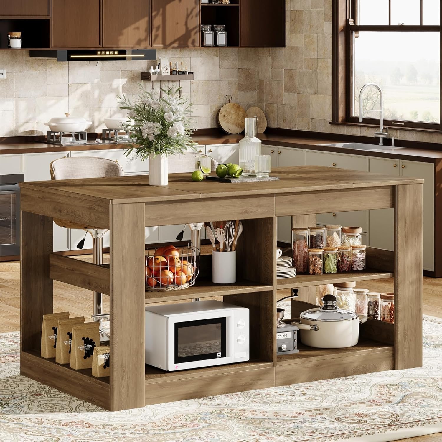 63" Farmhouse Kitchen Island, 3-Tier Stationary Island Table Coffee Bar Table with Large Worktop