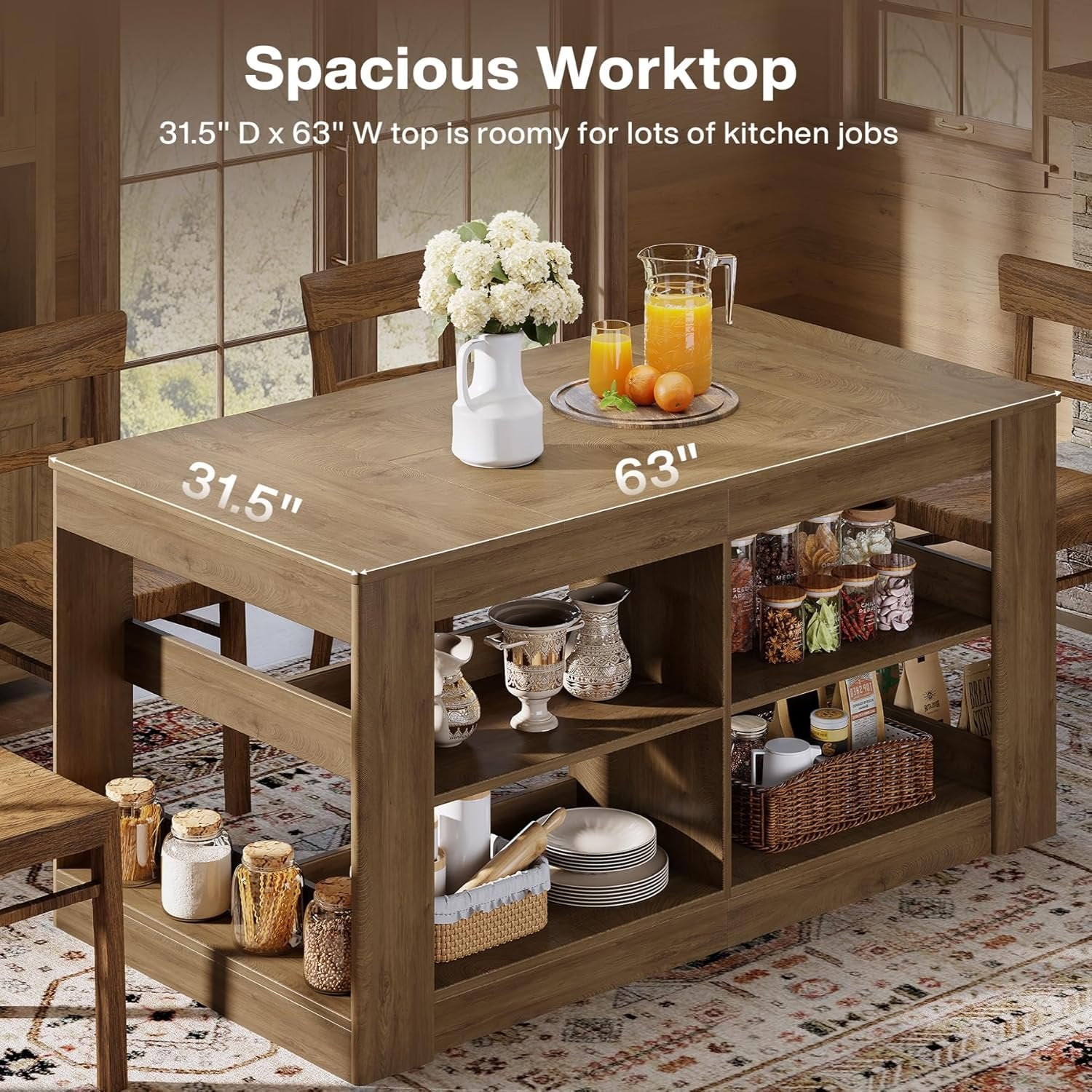 63" Farmhouse Kitchen Island, 3-Tier Stationary Island Table Coffee Bar Table with Large Worktop