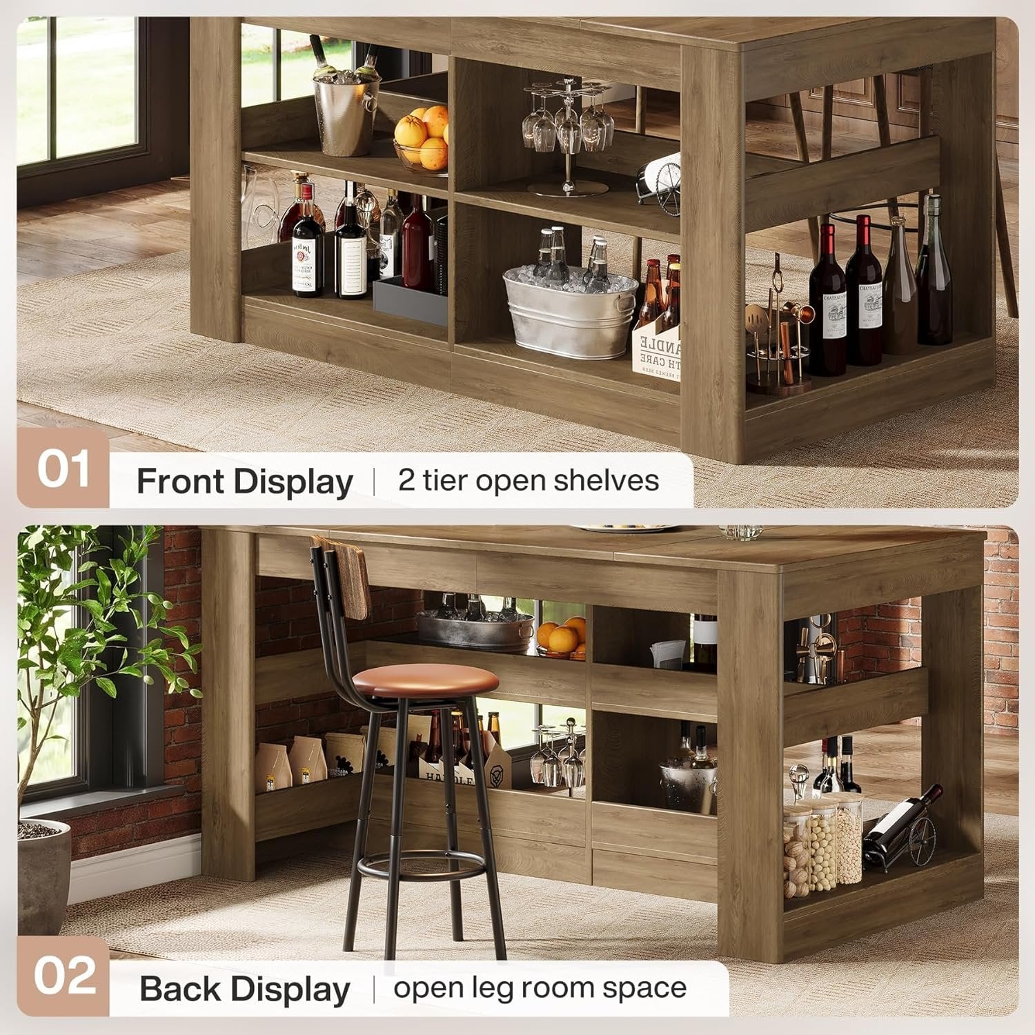 63" Farmhouse Kitchen Island, 3-Tier Stationary Island Table Coffee Bar Table with Large Worktop