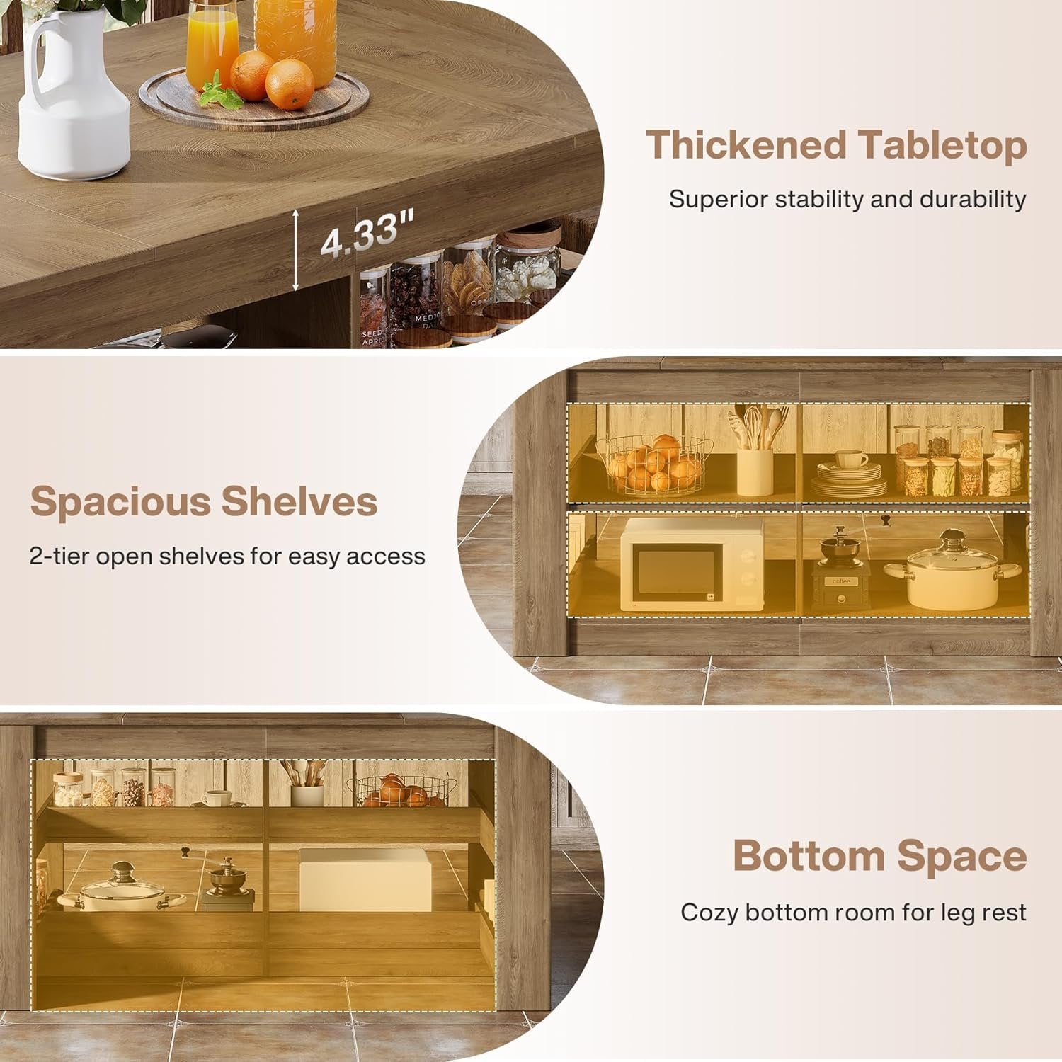 63" Farmhouse Kitchen Island, 3-Tier Stationary Island Table Coffee Bar Table with Large Worktop