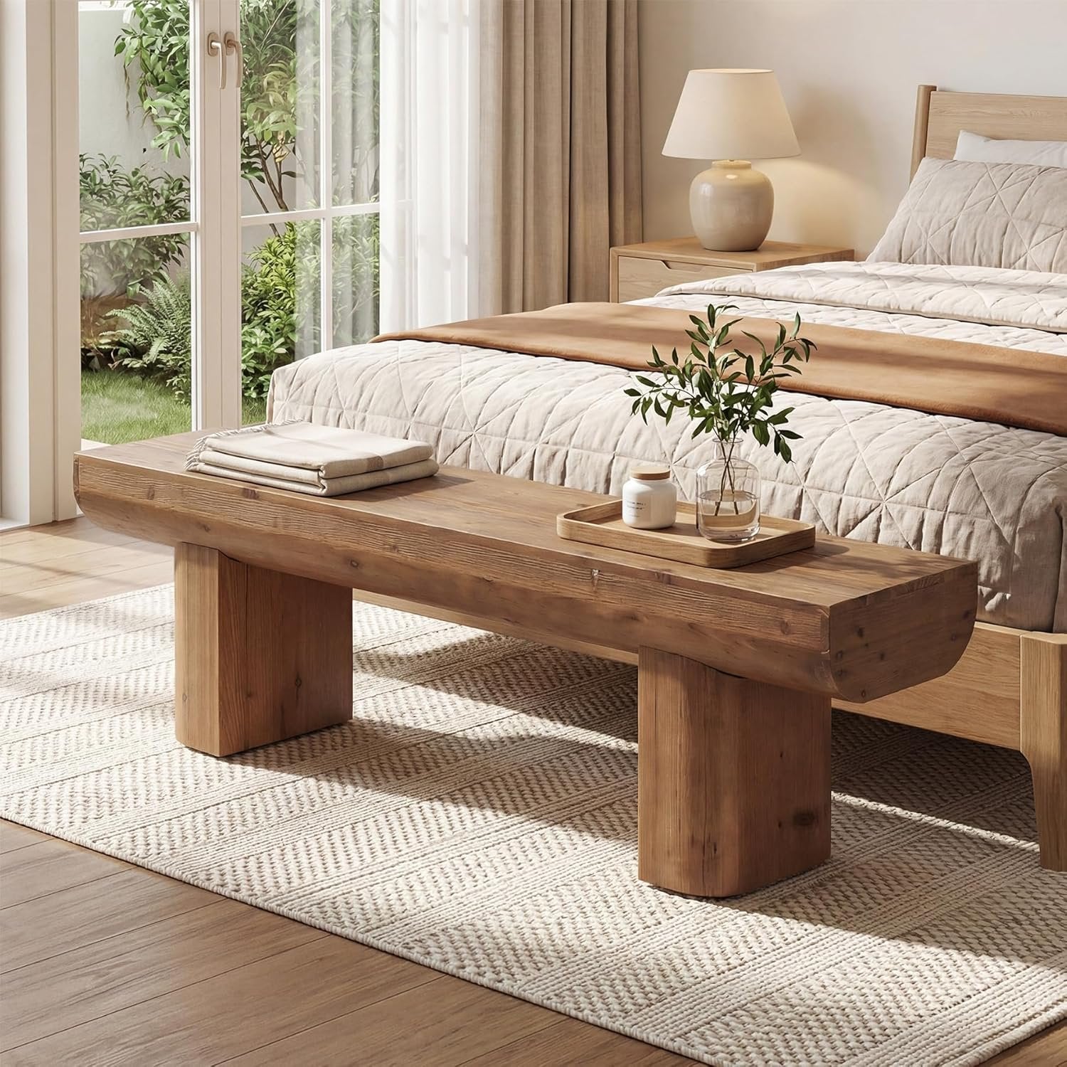 55" Solid Wood Entryway Bench, Farmhouse End of Bed Bench for Living Room