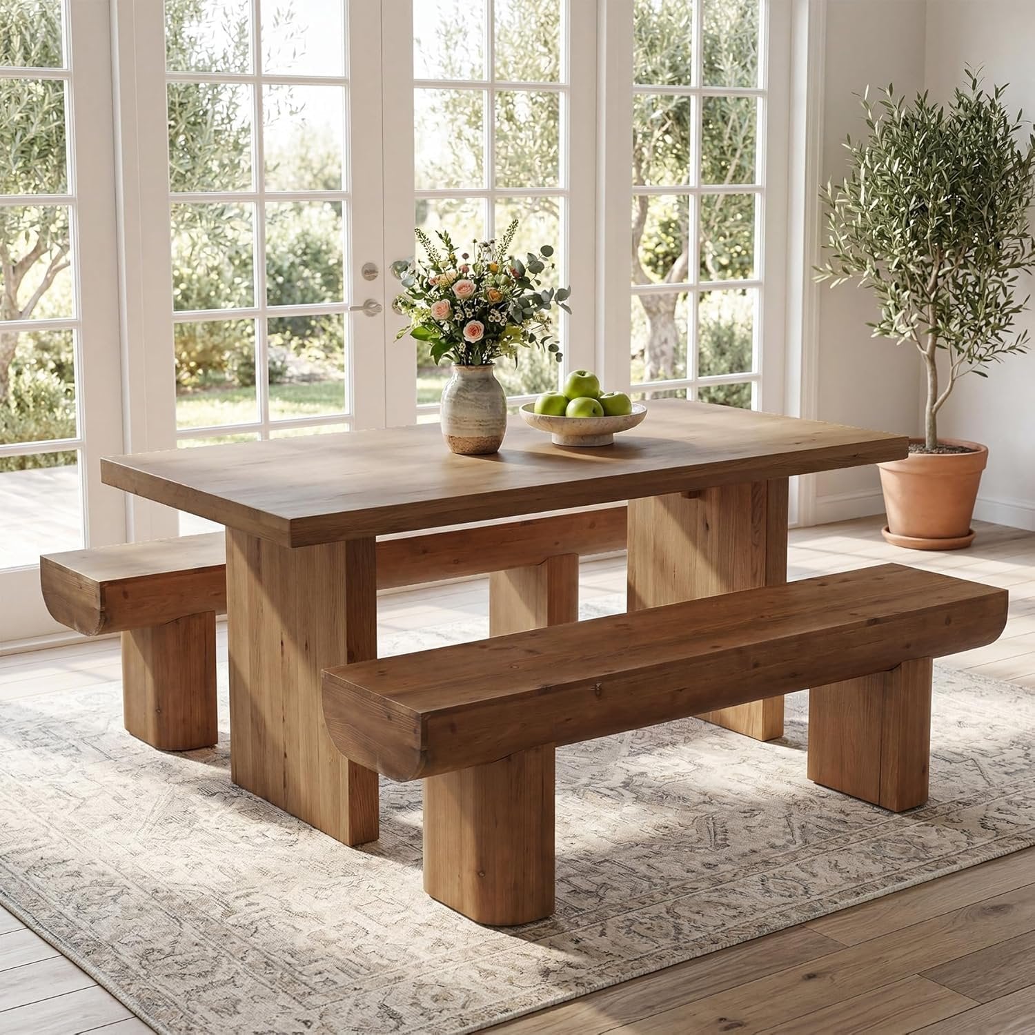 55" Solid Wood Entryway Bench, Farmhouse End of Bed Bench for Living Room