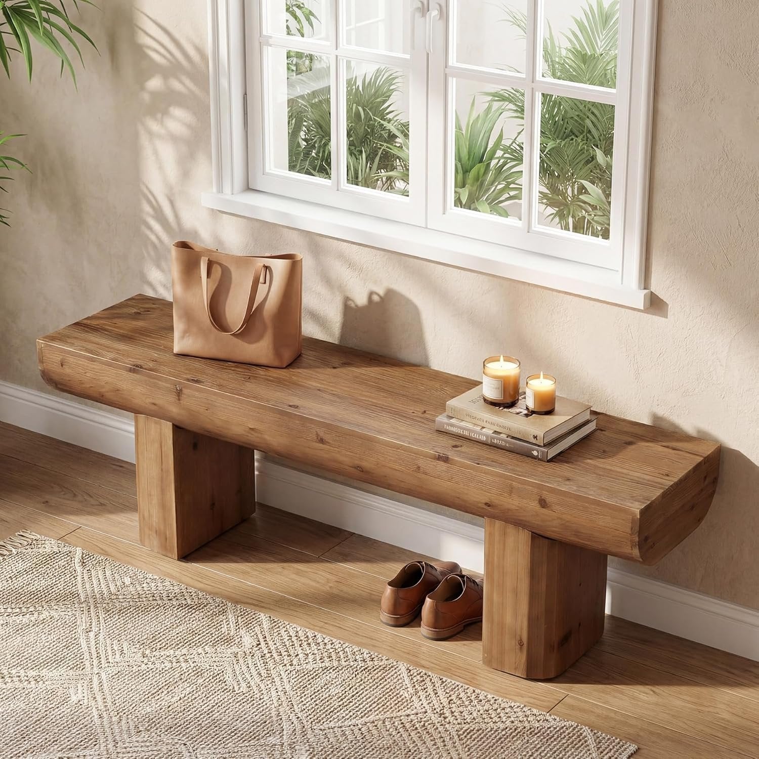 55" Solid Wood Entryway Bench, Farmhouse End of Bed Bench for Living Room