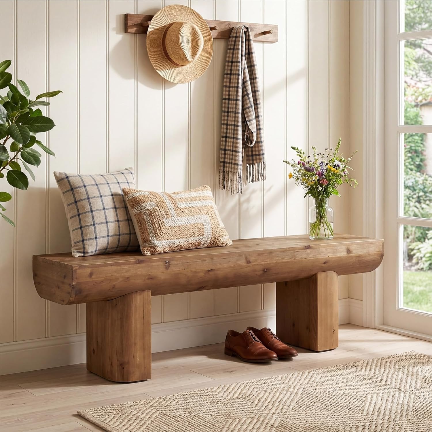 55" Solid Wood Entryway Bench, Farmhouse End of Bed Bench for Living Room