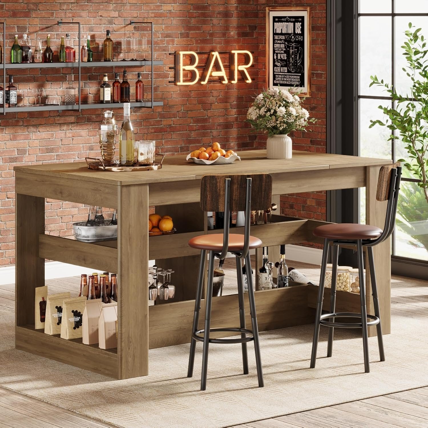 63" Rectangular Bar Table, Counter Height Pub Table with Storage Shelves for Home Bar