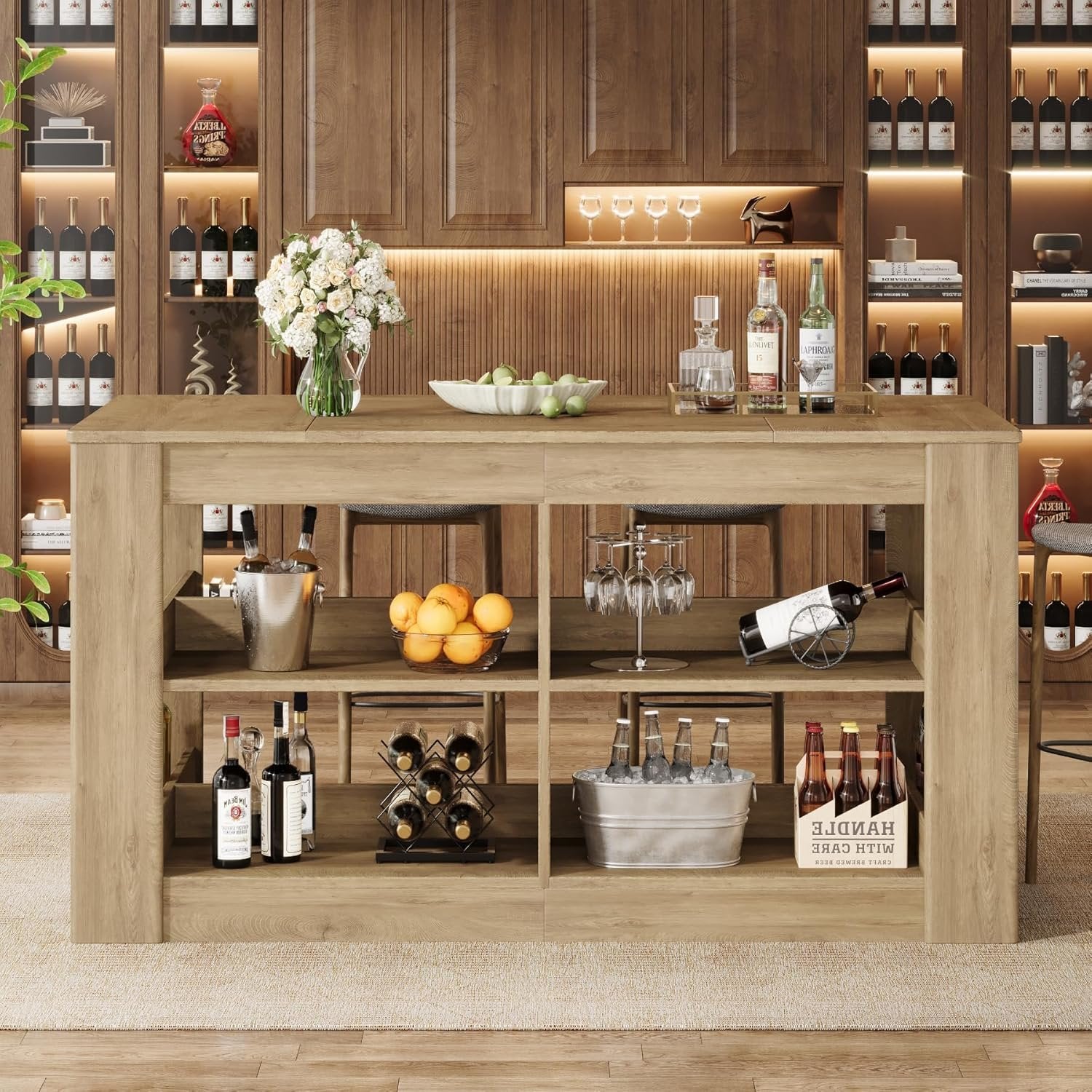 63" Rectangular Bar Table, Counter Height Pub Table with Storage Shelves for Home Bar