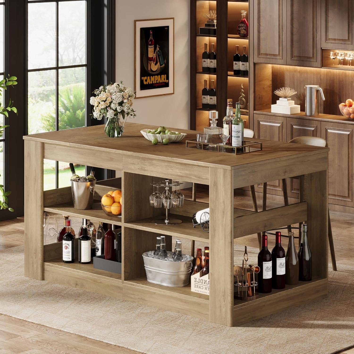 63" Rectangular Bar Table, Counter Height Pub Table with Storage Shelves for Home Bar