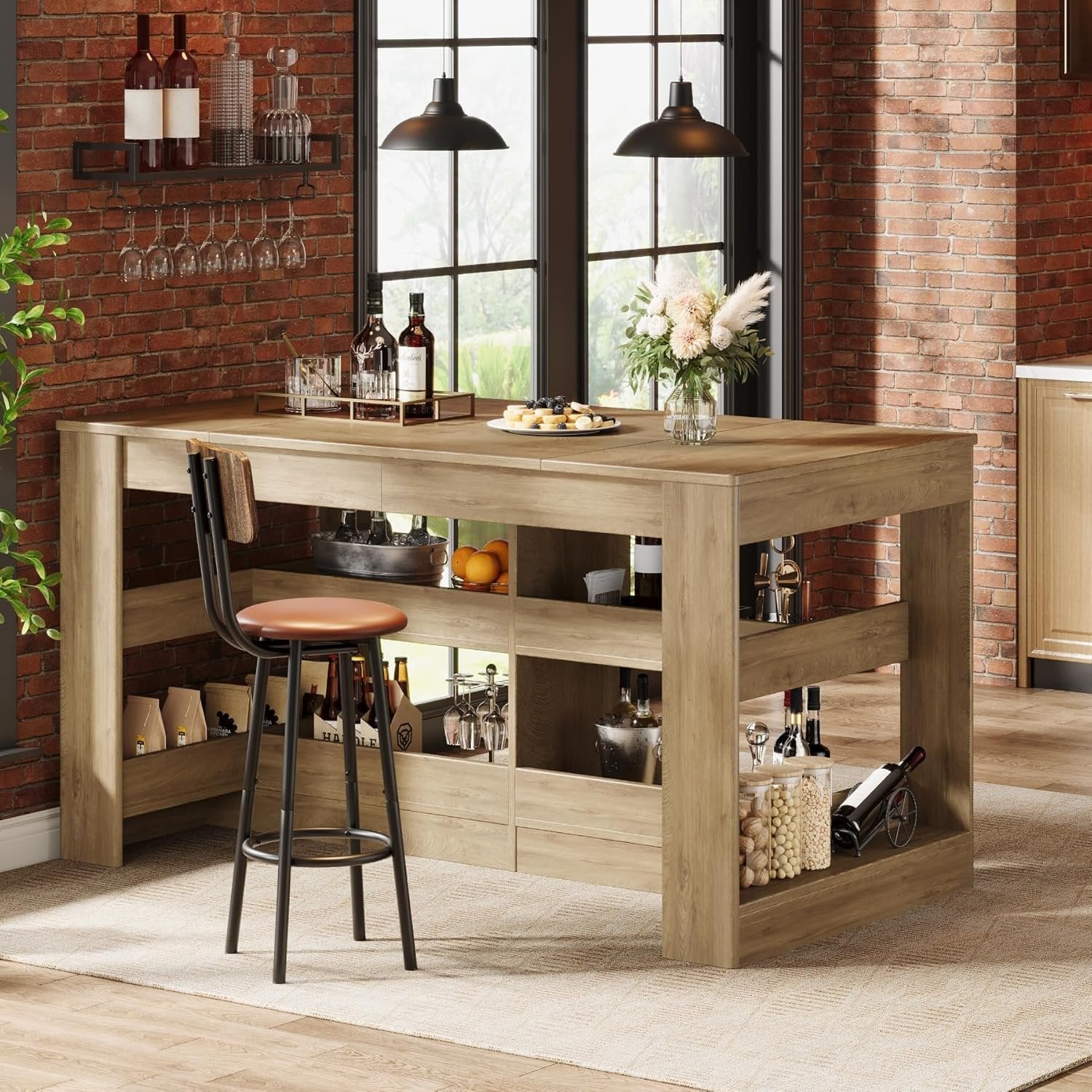 63" Rectangular Bar Table, Counter Height Pub Table with Storage Shelves for Home Bar