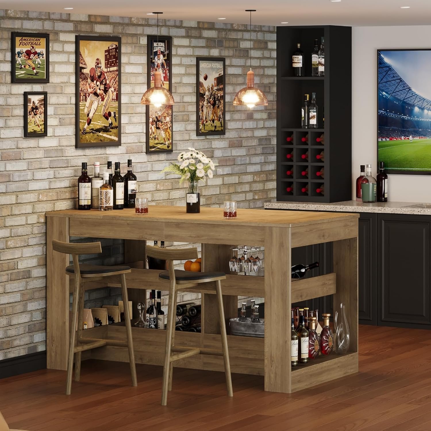 63" Rectangular Bar Table, Counter Height Pub Table with Storage Shelves for Home Bar