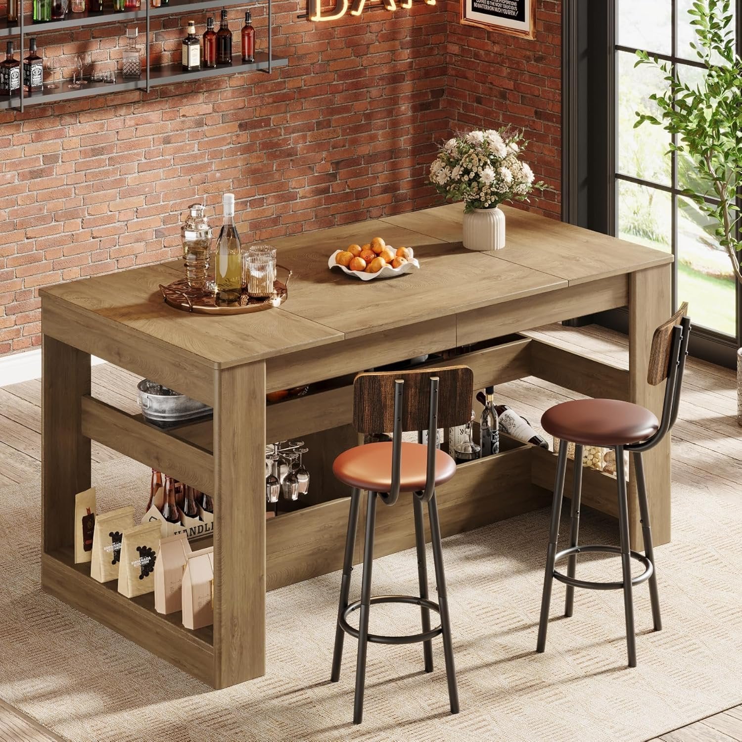 63" Rectangular Bar Table, Counter Height Pub Table with Storage Shelves for Home Bar