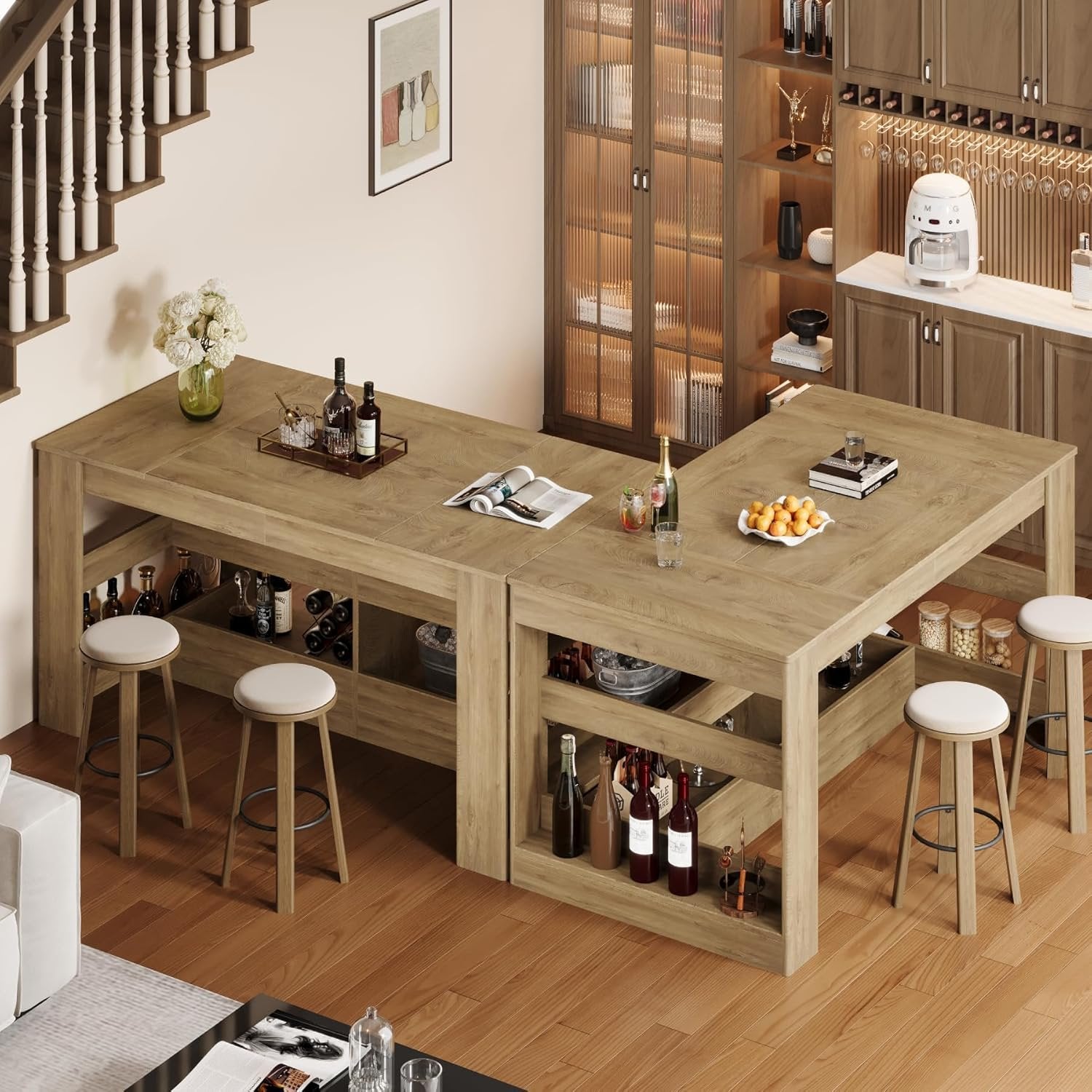 63" Rectangular Bar Table, Counter Height Pub Table with Storage Shelves for Home Bar